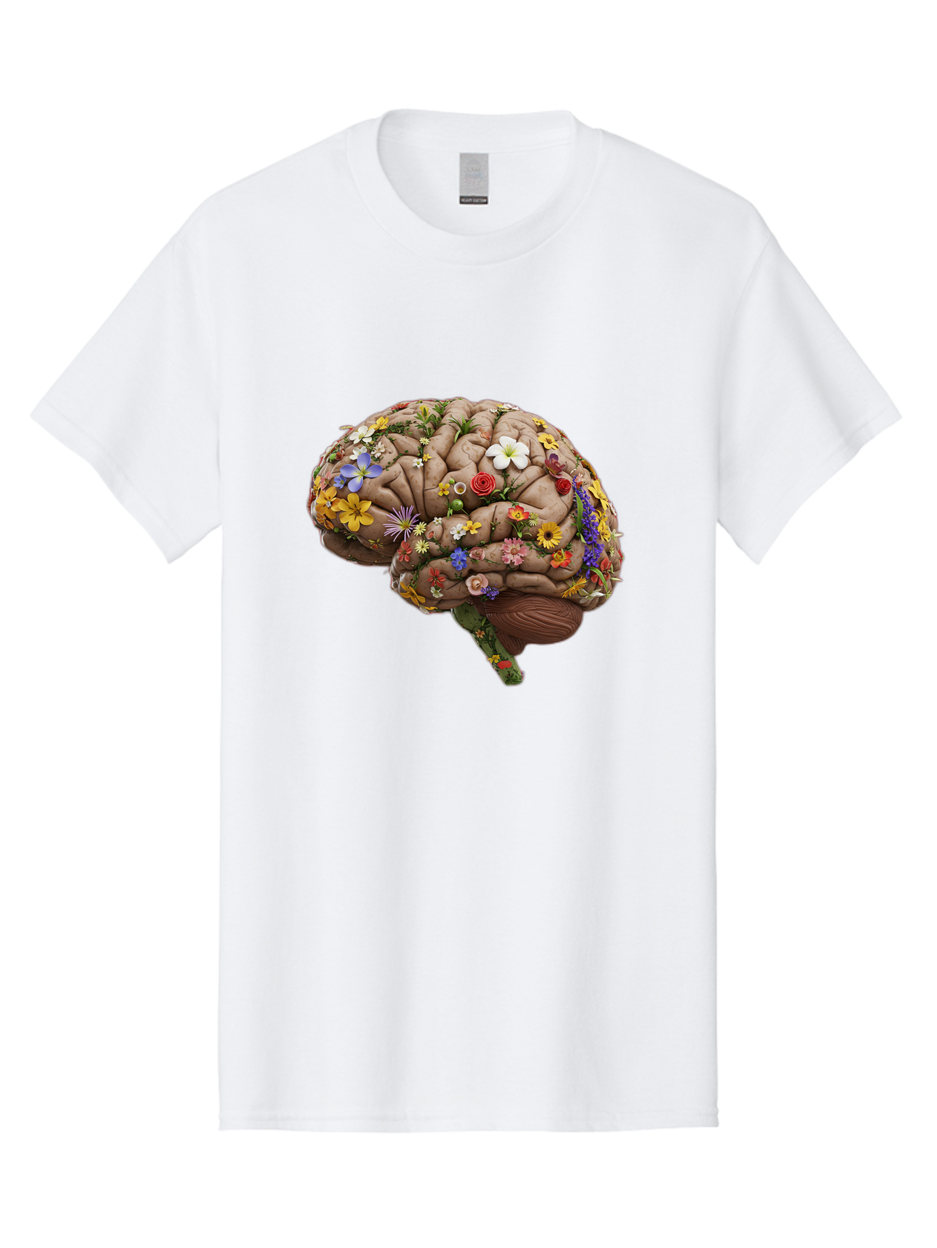 Brain-With-Flowers Men'S Graphic Tee, 100% Cotton, Comfortable Casual Summer Wear, Machine Washable, Human Brain, Flowers Blooming, Creative Thinking, Mental Health, Wellness, Vibrant Colors, Floral Arrangement, Positive Vibes, Brain Power, Bae007