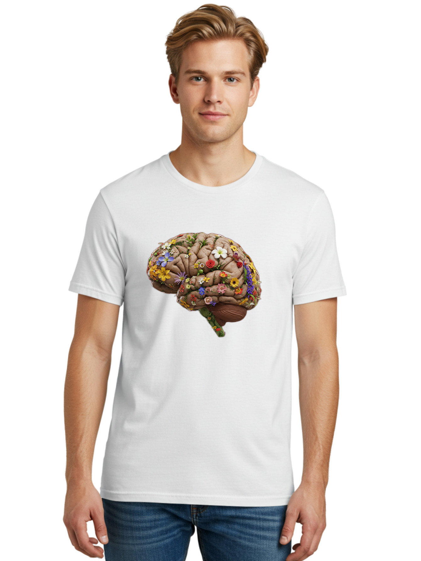 Brain-With-Flowers Men'S Graphic Tee, 100% Cotton, Comfortable Casual Summer Wear, Machine Washable, Human Brain, Flowers Blooming, Creative Thinking, Mental Health, Wellness, Vibrant Colors, Floral Arrangement, Positive Vibes, Brain Power, Bae007