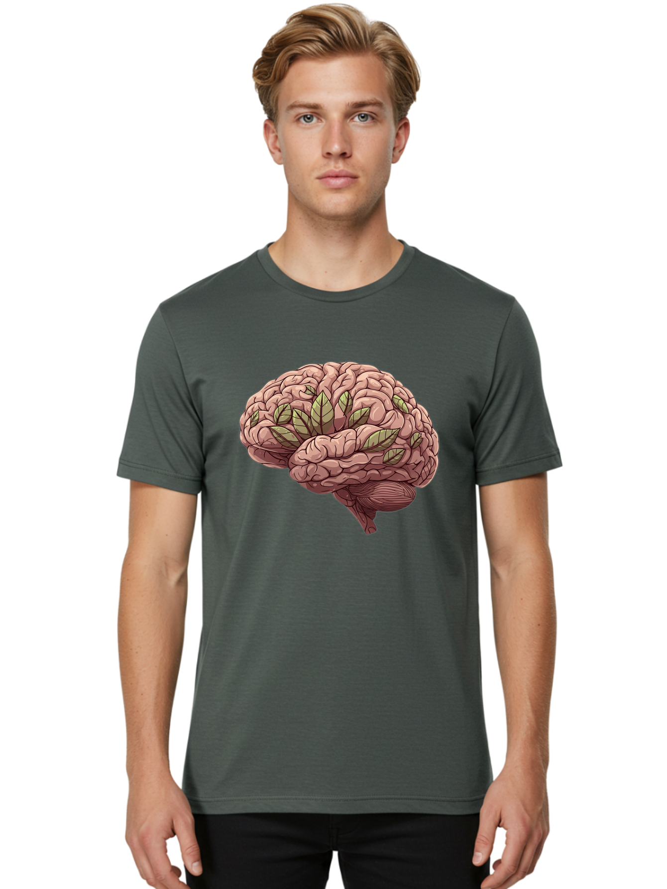 Brain-With-Marijuana-Leaves Men'S Graphic Tee, 100% Cotton, Comfortable Casual Summer Wear, Machine Washable, Human Brain, Leaves On Brain, Cognitive Function, Mental Wellness, Brain Health, Marijuana Effects, Cannabis And Brain Bae009