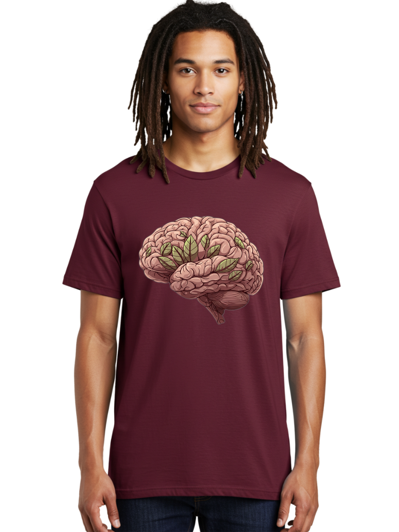 Brain-With-Marijuana-Leaves Men'S Graphic Tee, 100% Cotton, Comfortable Casual Summer Wear, Machine Washable, Human Brain, Leaves On Brain, Cognitive Function, Mental Wellness, Brain Health, Marijuana Effects, Cannabis And Brain Bae009