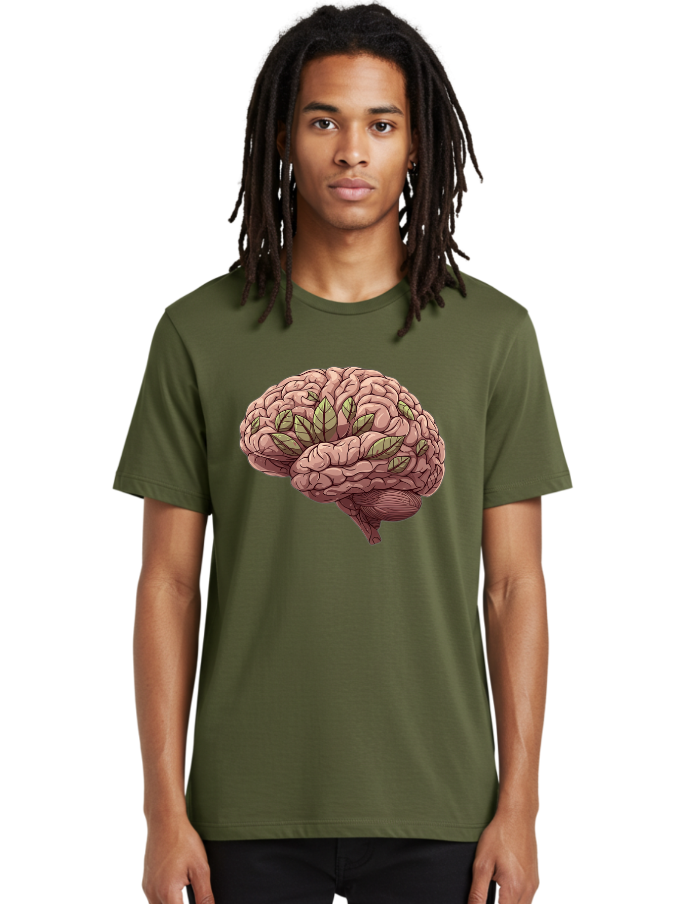 Brain-With-Marijuana-Leaves Men'S Graphic Tee, 100% Cotton, Comfortable Casual Summer Wear, Machine Washable, Human Brain, Leaves On Brain, Cognitive Function, Mental Wellness, Brain Health, Marijuana Effects, Cannabis And Brain Bae009
