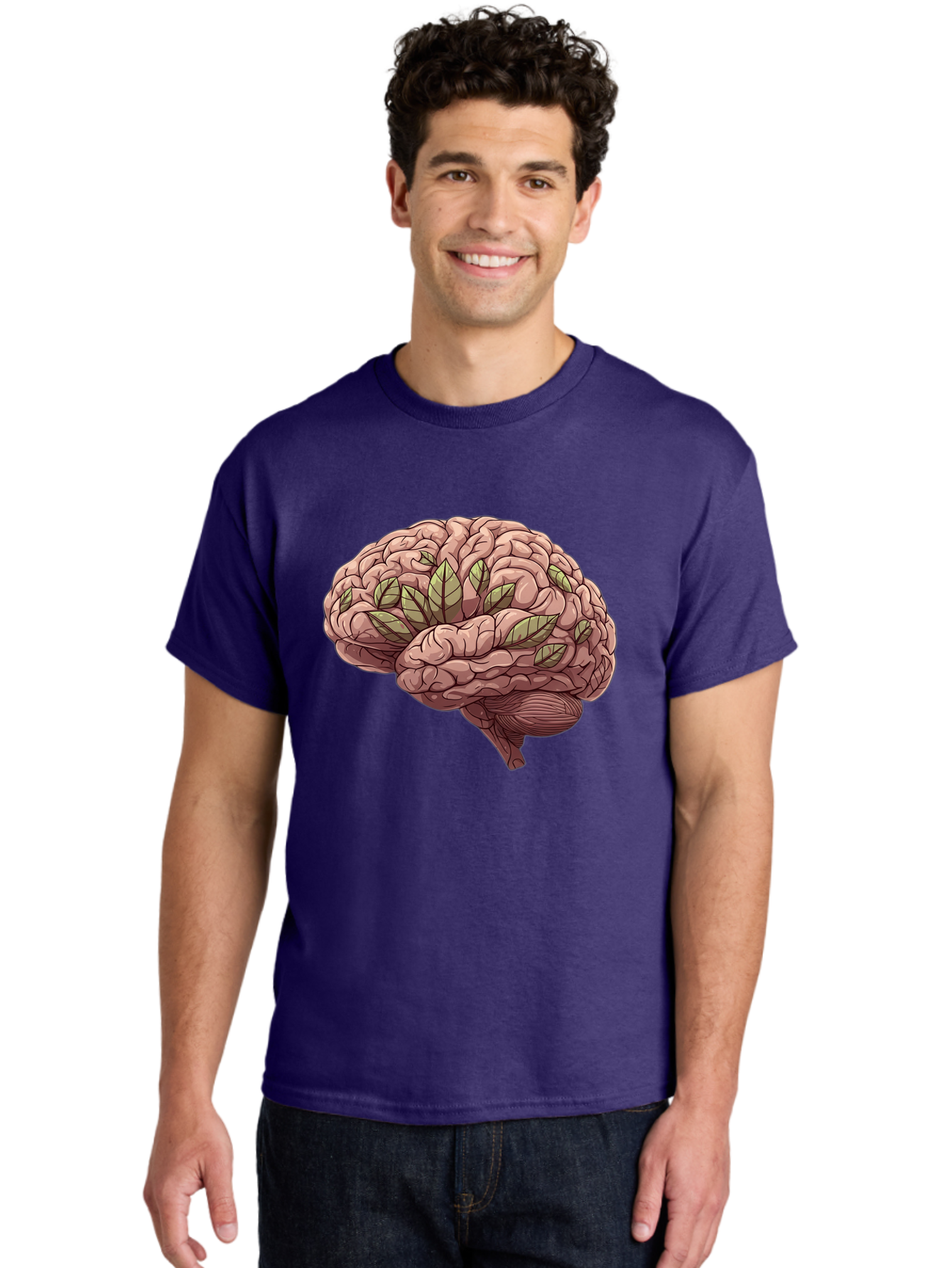 Brain-With-Marijuana-Leaves Men'S Graphic Tee, 100% Cotton, Comfortable Casual Summer Wear, Machine Washable, Human Brain, Leaves On Brain, Cognitive Function, Mental Wellness, Brain Health, Marijuana Effects, Cannabis And Brain Bae009