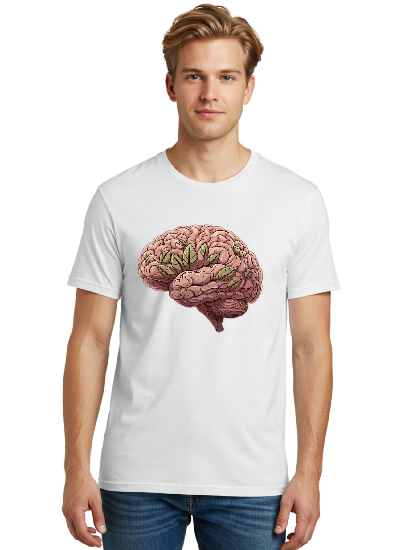 Brain-With-Marijuana-Leaves Men'S Graphic Tee, 100% Cotton, Comfortable Casual Summer Wear, Machine Washable, Human Brain, Leaves On Brain, Cognitive Function, Mental Wellness, Brain Health, Marijuana Effects, Cannabis And Brain Bae009