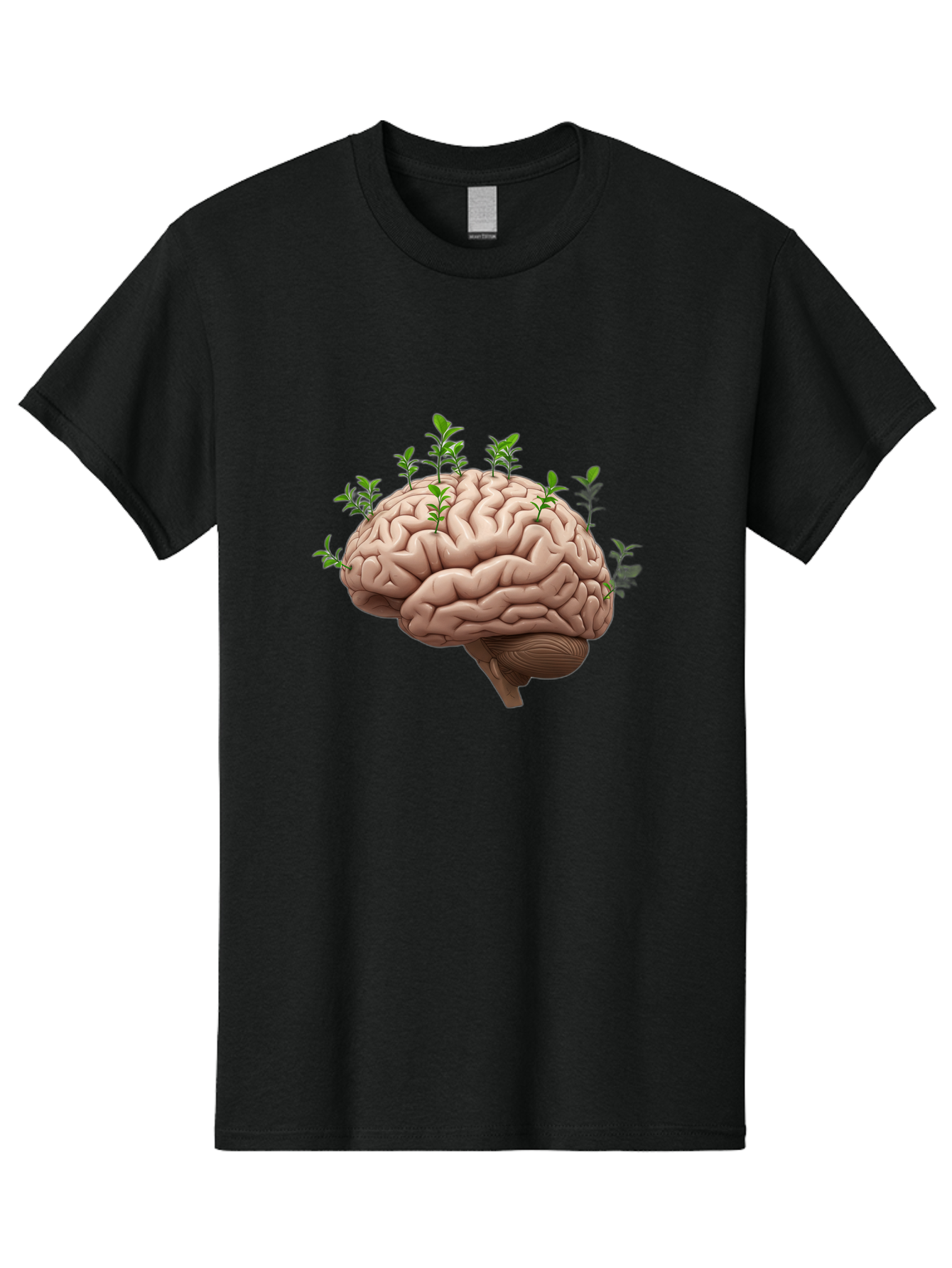 Brain-With-Sprouts Men'S Graphic Tee, 100% Cotton, Comfortable Casual Summer Wear, Machine Washable, Human Brain, Plants Growing Out, Creative Thinking, Neuroscience, Brain Function, Mental Growth, Green Shoots Bae010