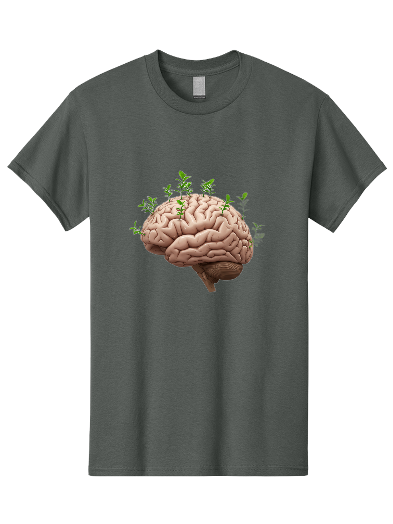 Brain-With-Sprouts Men'S Graphic Tee, 100% Cotton, Comfortable Casual Summer Wear, Machine Washable, Human Brain, Plants Growing Out, Creative Thinking, Neuroscience, Brain Function, Mental Growth, Green Shoots Bae010