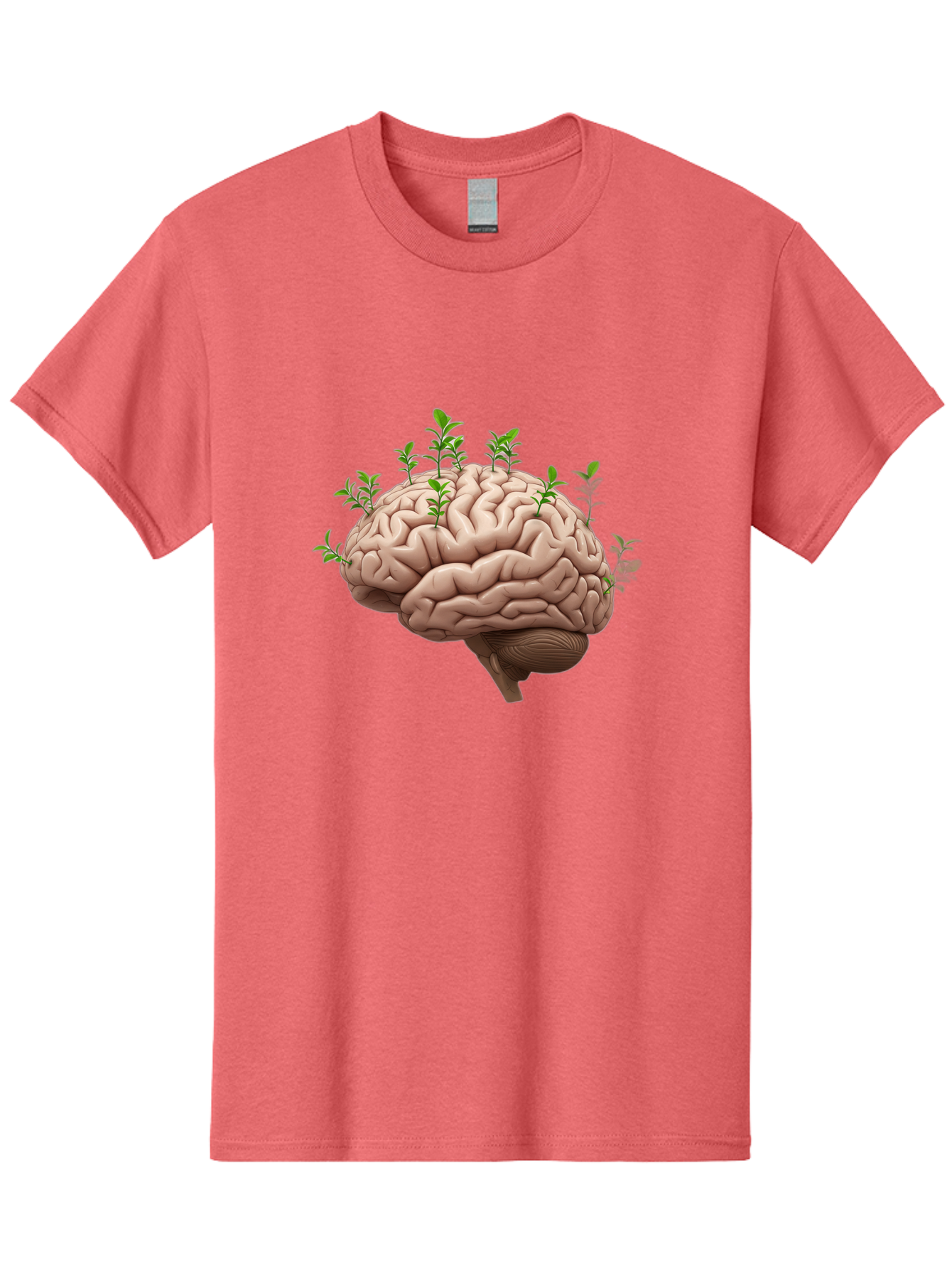 Brain-With-Sprouts Men'S Graphic Tee, 100% Cotton, Comfortable Casual Summer Wear, Machine Washable, Human Brain, Plants Growing Out, Creative Thinking, Neuroscience, Brain Function, Mental Growth, Green Shoots Bae010