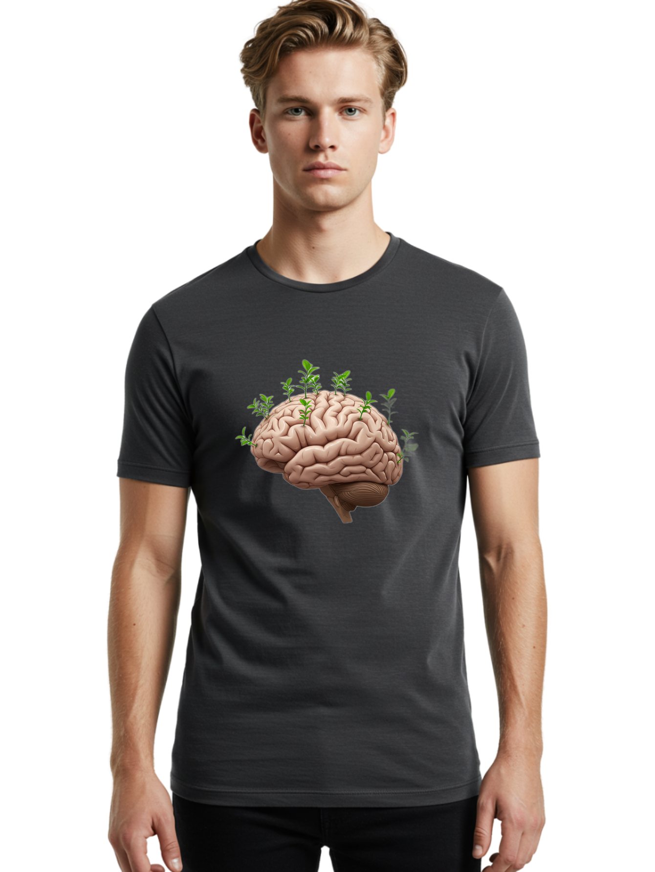 Brain-With-Sprouts Men'S Graphic Tee, 100% Cotton, Comfortable Casual Summer Wear, Machine Washable, Human Brain, Plants Growing Out, Creative Thinking, Neuroscience, Brain Function, Mental Growth, Green Shoots Bae010