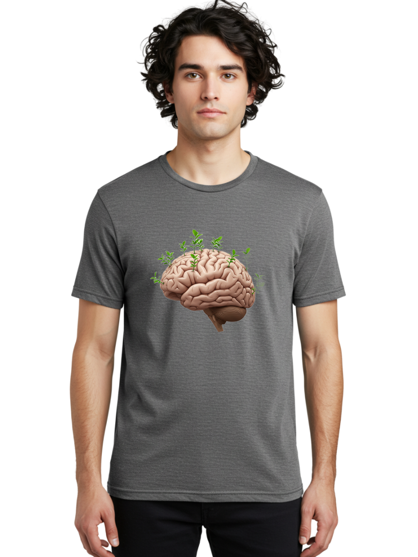 Brain-With-Sprouts Men'S Graphic Tee, 100% Cotton, Comfortable Casual Summer Wear, Machine Washable, Human Brain, Plants Growing Out, Creative Thinking, Neuroscience, Brain Function, Mental Growth, Green Shoots Bae010