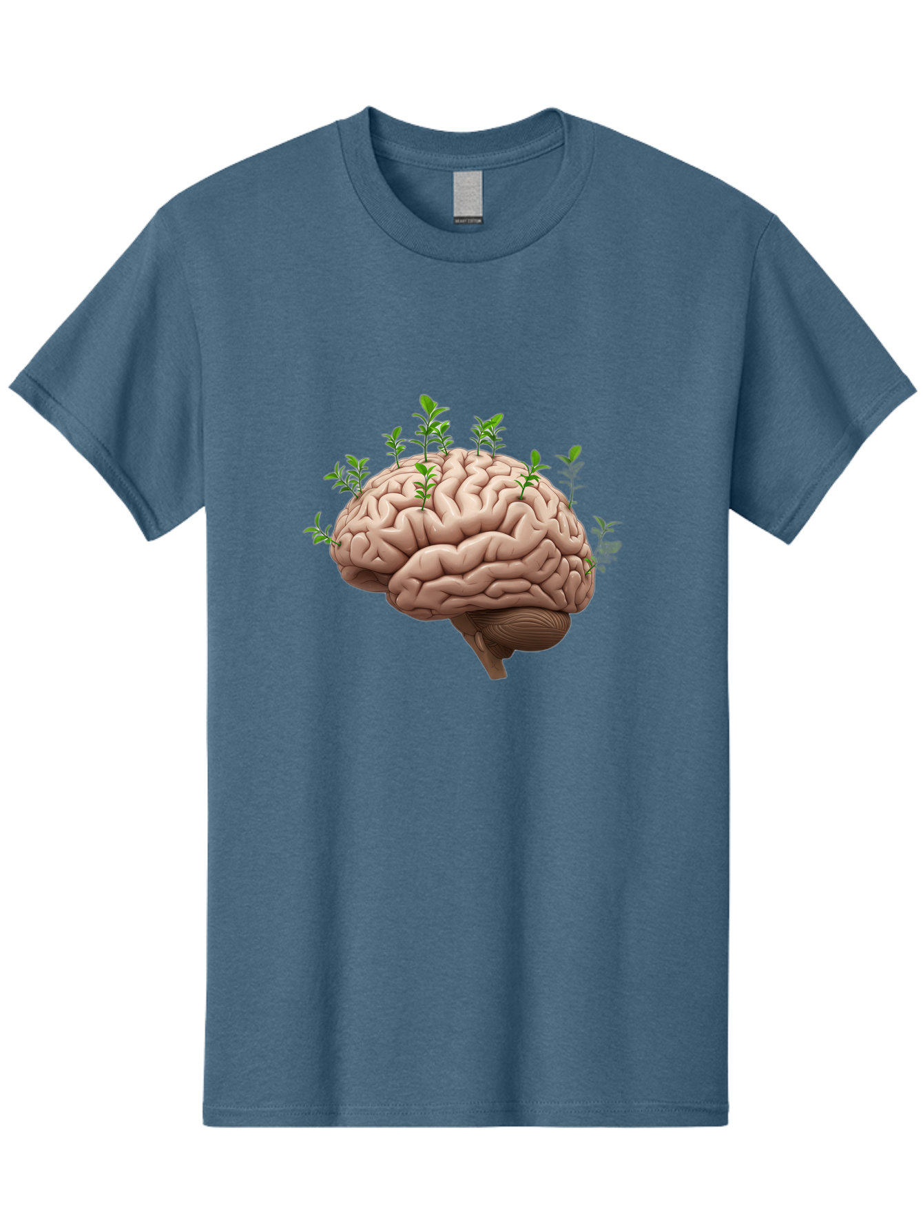 Brain-With-Sprouts Men'S Graphic Tee, 100% Cotton, Comfortable Casual Summer Wear, Machine Washable, Human Brain, Plants Growing Out, Creative Thinking, Neuroscience, Brain Function, Mental Growth, Green Shoots Bae010