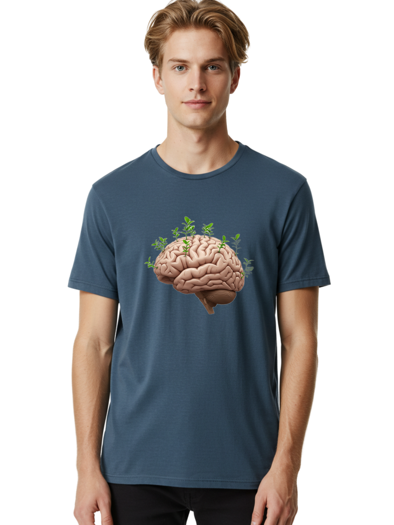 Brain-With-Sprouts Men'S Graphic Tee, 100% Cotton, Comfortable Casual Summer Wear, Machine Washable, Human Brain, Plants Growing Out, Creative Thinking, Neuroscience, Brain Function, Mental Growth, Green Shoots Bae010