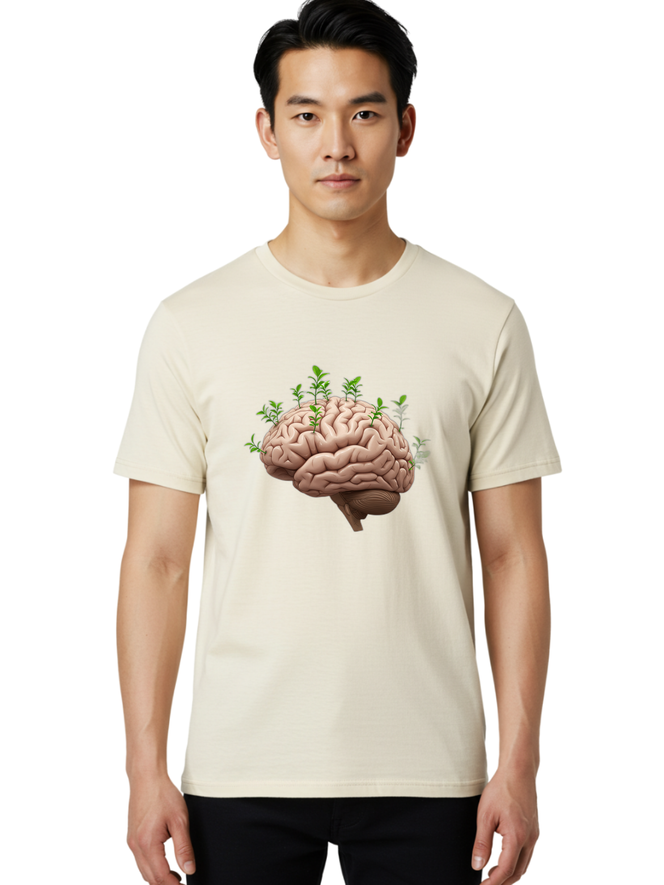 Brain-With-Sprouts Men'S Graphic Tee, 100% Cotton, Comfortable Casual Summer Wear, Machine Washable, Human Brain, Plants Growing Out, Creative Thinking, Neuroscience, Brain Function, Mental Growth, Green Shoots Bae010