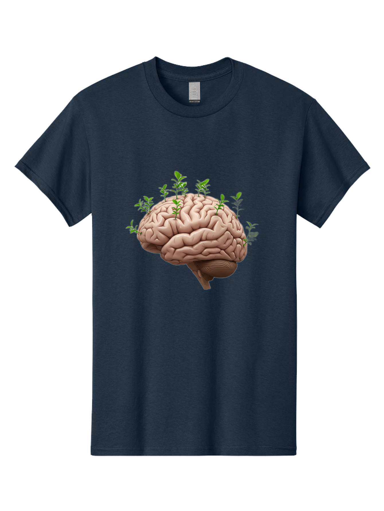 Brain-With-Sprouts Men'S Graphic Tee, 100% Cotton, Comfortable Casual Summer Wear, Machine Washable, Human Brain, Plants Growing Out, Creative Thinking, Neuroscience, Brain Function, Mental Growth, Green Shoots Bae010