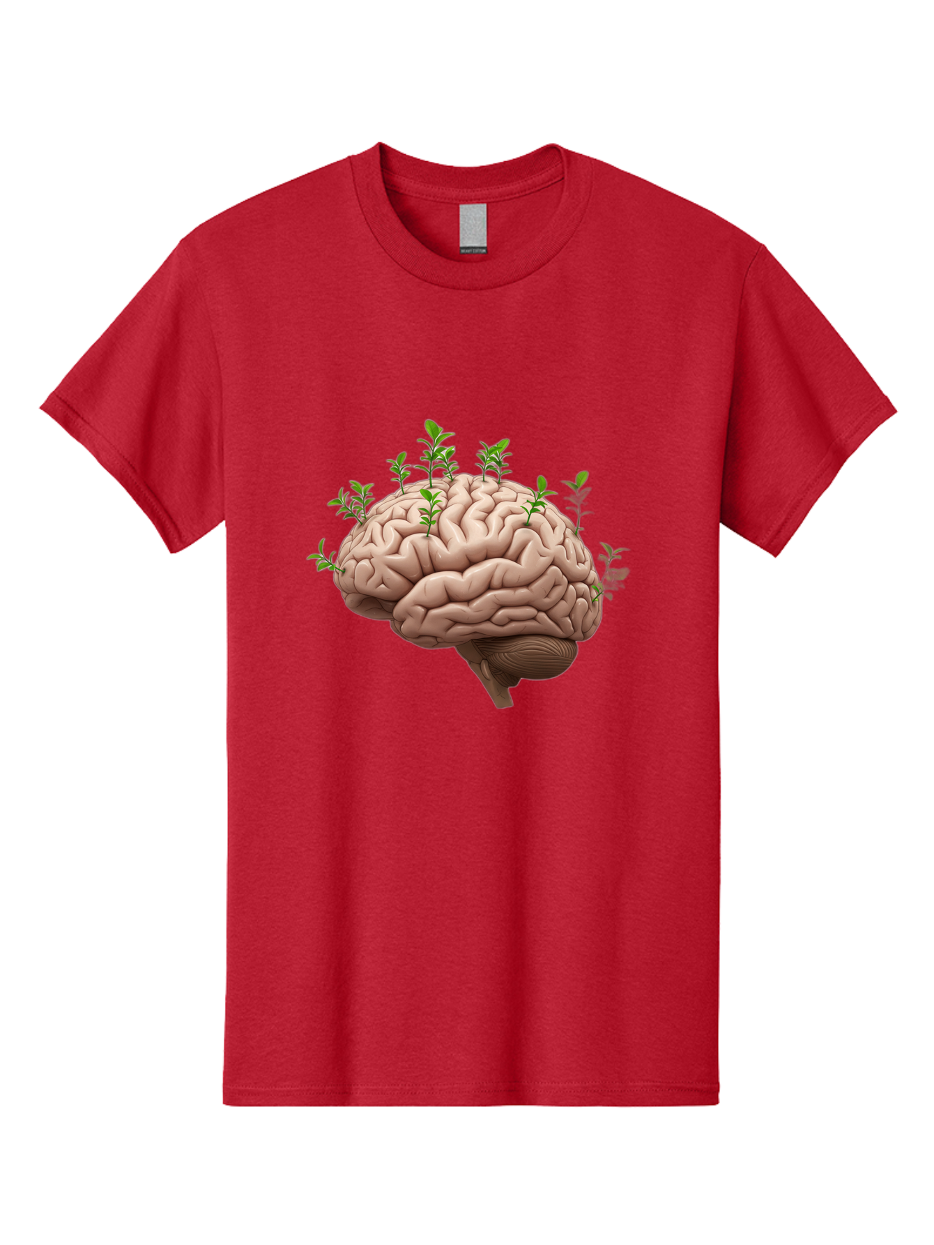 Brain-With-Sprouts Men'S Graphic Tee, 100% Cotton, Comfortable Casual Summer Wear, Machine Washable, Human Brain, Plants Growing Out, Creative Thinking, Neuroscience, Brain Function, Mental Growth, Green Shoots Bae010
