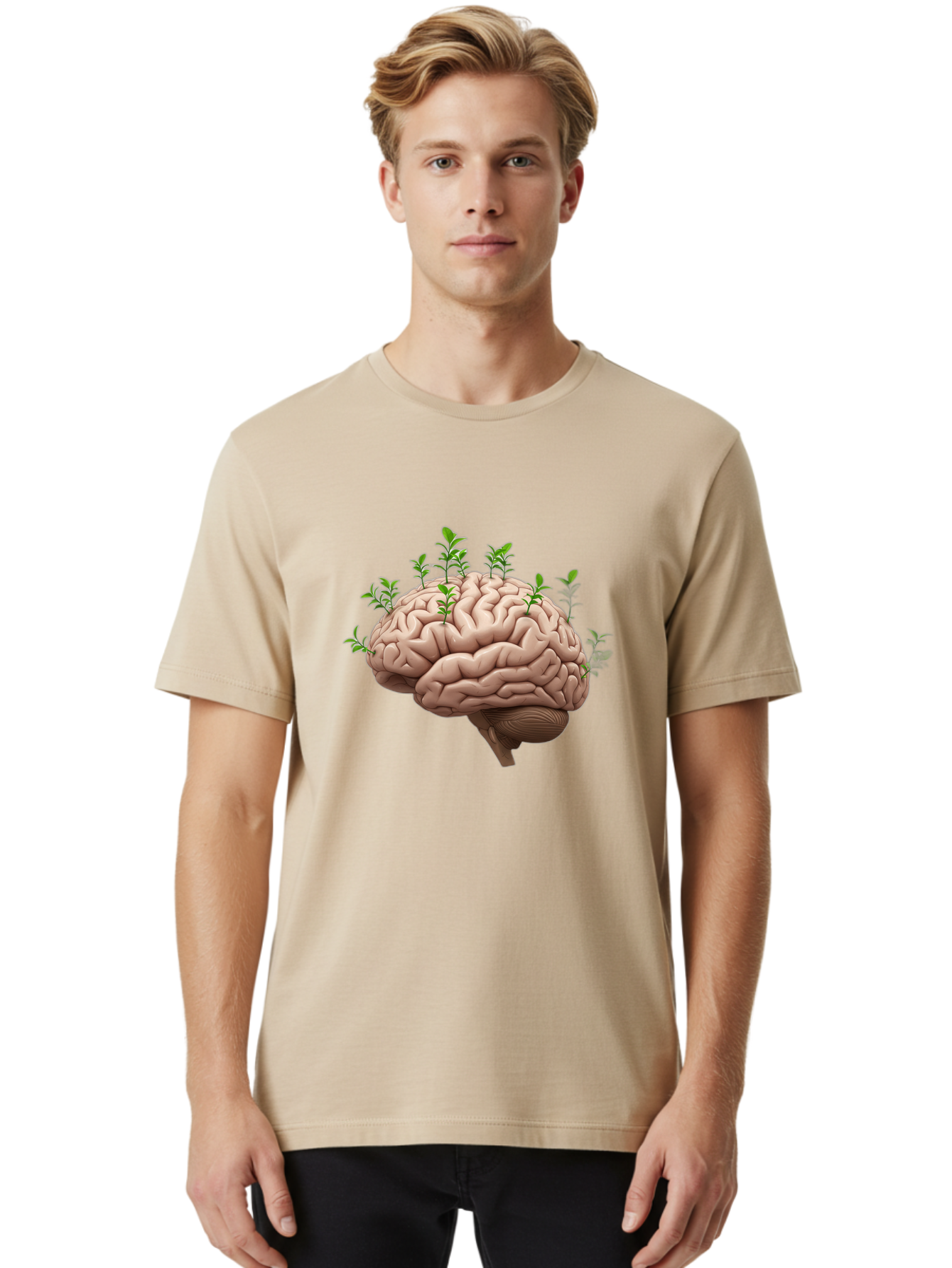 Brain-With-Sprouts Men'S Graphic Tee, 100% Cotton, Comfortable Casual Summer Wear, Machine Washable, Human Brain, Plants Growing Out, Creative Thinking, Neuroscience, Brain Function, Mental Growth, Green Shoots Bae010