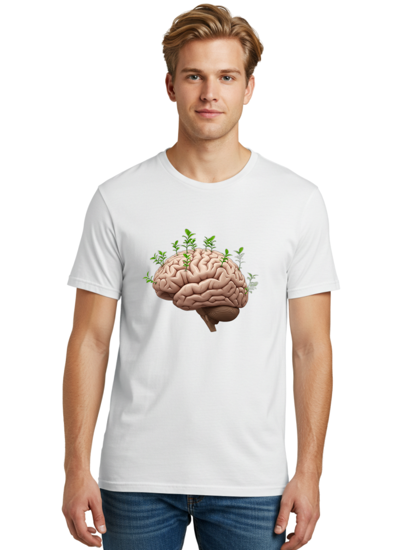 Brain-With-Sprouts Men'S Graphic Tee, 100% Cotton, Comfortable Casual Summer Wear, Machine Washable, Human Brain, Plants Growing Out, Creative Thinking, Neuroscience, Brain Function, Mental Growth, Green Shoots Bae010