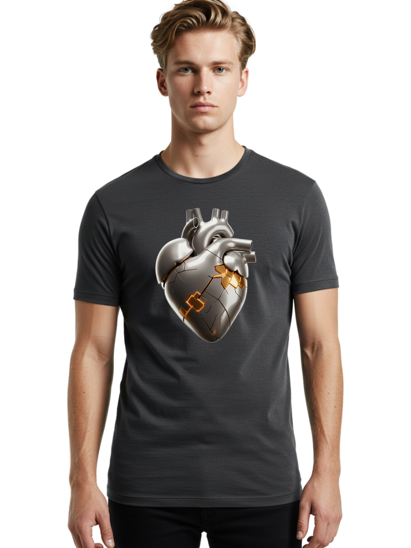 Broken-Metal-Heart Men'S Graphic Tee, 100% Cotton, Comfortable Casual Summer Wear, Machine Washable, Broken Heart, Metal Heart, Kintsugi Repair, Cracked Heart, Healing Process, Heart Repair, Metal Cracks, Golden Seams, Damaged Heart, Bae011