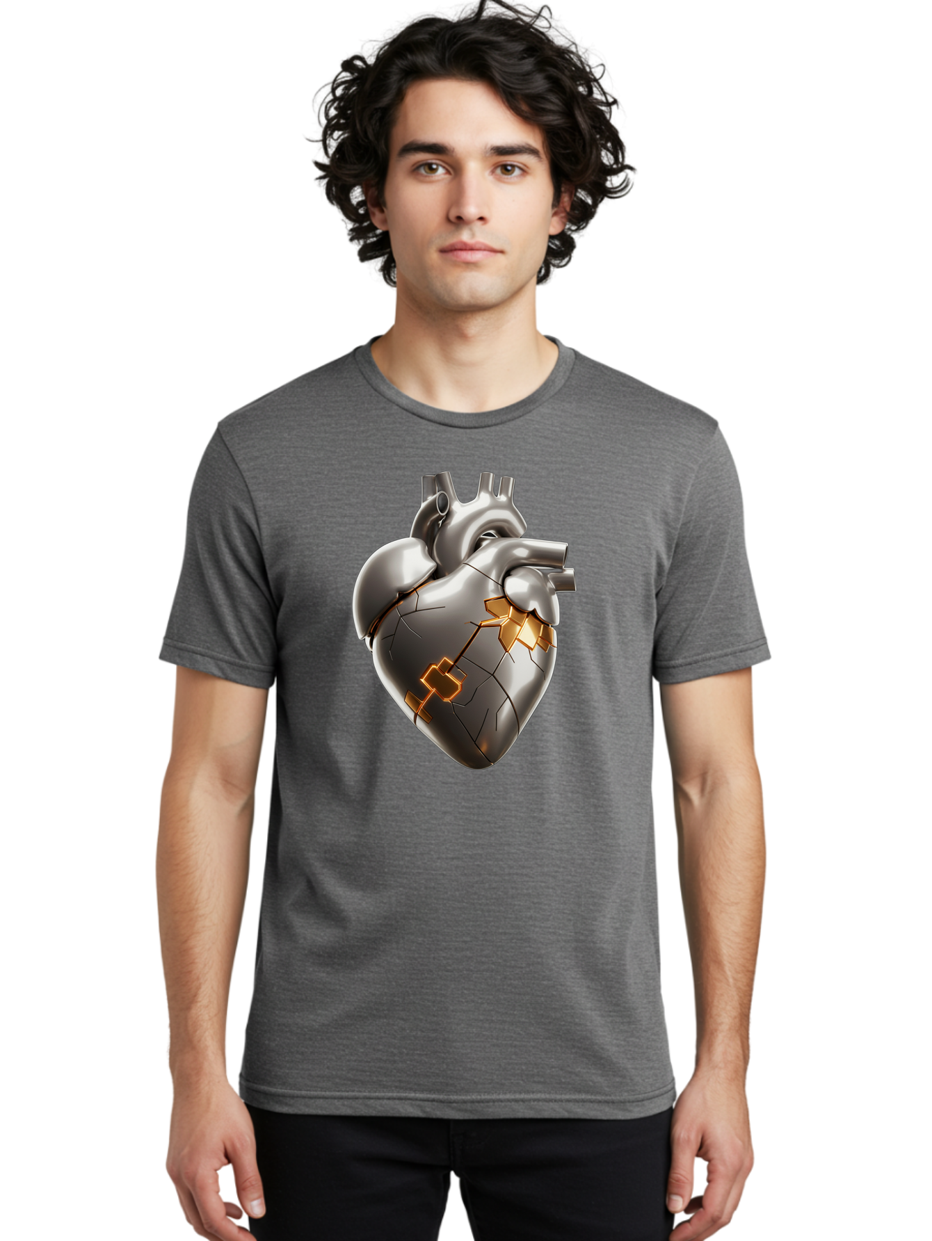 Broken-Metal-Heart Men'S Graphic Tee, 100% Cotton, Comfortable Casual Summer Wear, Machine Washable, Broken Heart, Metal Heart, Kintsugi Repair, Cracked Heart, Healing Process, Heart Repair, Metal Cracks, Golden Seams, Damaged Heart, Bae011