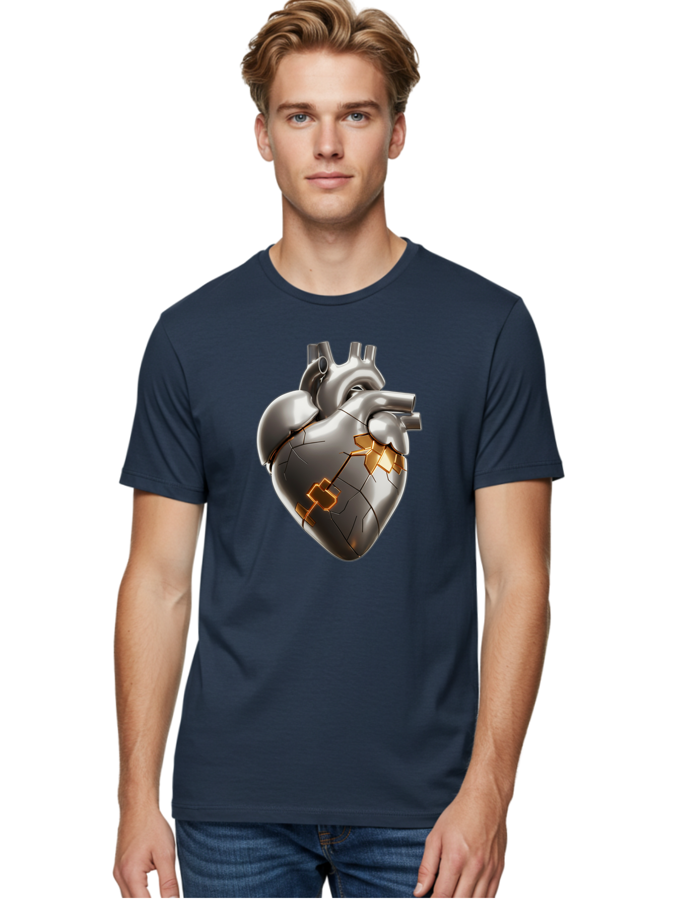 Broken-Metal-Heart Men'S Graphic Tee, 100% Cotton, Comfortable Casual Summer Wear, Machine Washable, Broken Heart, Metal Heart, Kintsugi Repair, Cracked Heart, Healing Process, Heart Repair, Metal Cracks, Golden Seams, Damaged Heart, Bae011