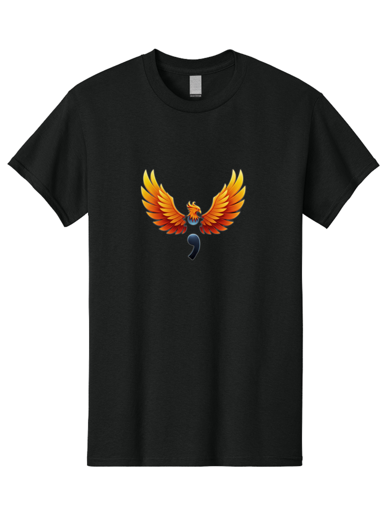Comma-Semicolon-Phoenix Men'S Graphic Tee, 100% Cotton, Comfortable Casual Summer Wear, Machine Washable, Phoenix Rising, Fiery Bird, Orange Wings, Comma Symbol, Creative Artwork, Mythical Creature, Symbolic Representation, Vibrant Graphics, Bae012