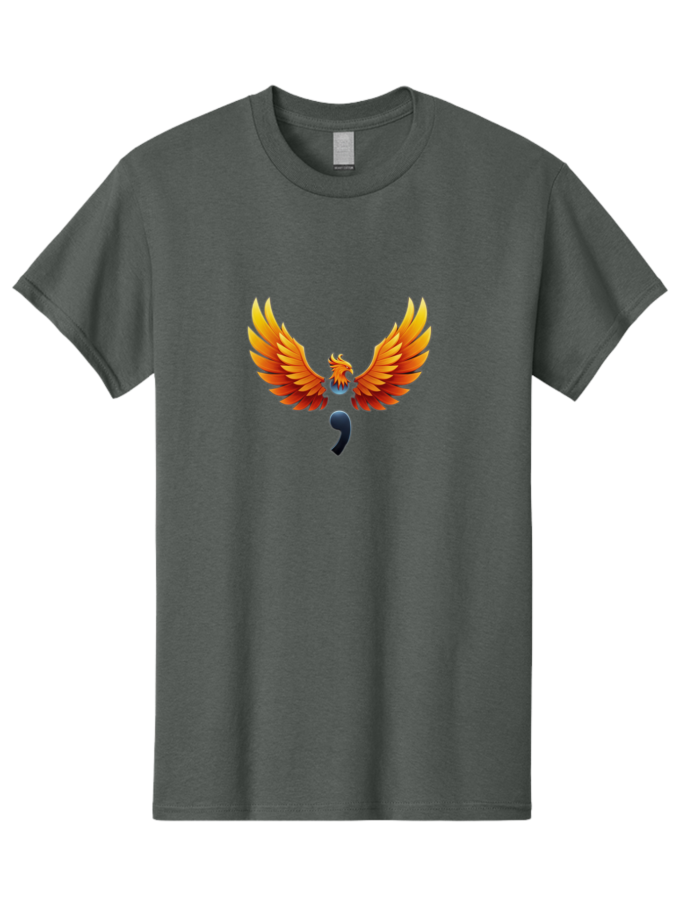 Comma-Semicolon-Phoenix Men'S Graphic Tee, 100% Cotton, Comfortable Casual Summer Wear, Machine Washable, Phoenix Rising, Fiery Bird, Orange Wings, Comma Symbol, Creative Artwork, Mythical Creature, Symbolic Representation, Vibrant Graphics, Bae012