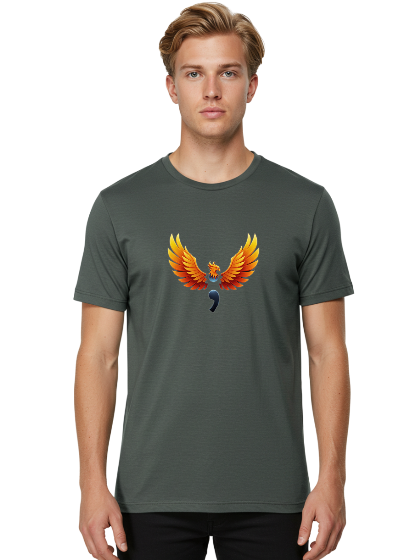 Comma-Semicolon-Phoenix Men'S Graphic Tee, 100% Cotton, Comfortable Casual Summer Wear, Machine Washable, Phoenix Rising, Fiery Bird, Orange Wings, Comma Symbol, Creative Artwork, Mythical Creature, Symbolic Representation, Vibrant Graphics, Bae012