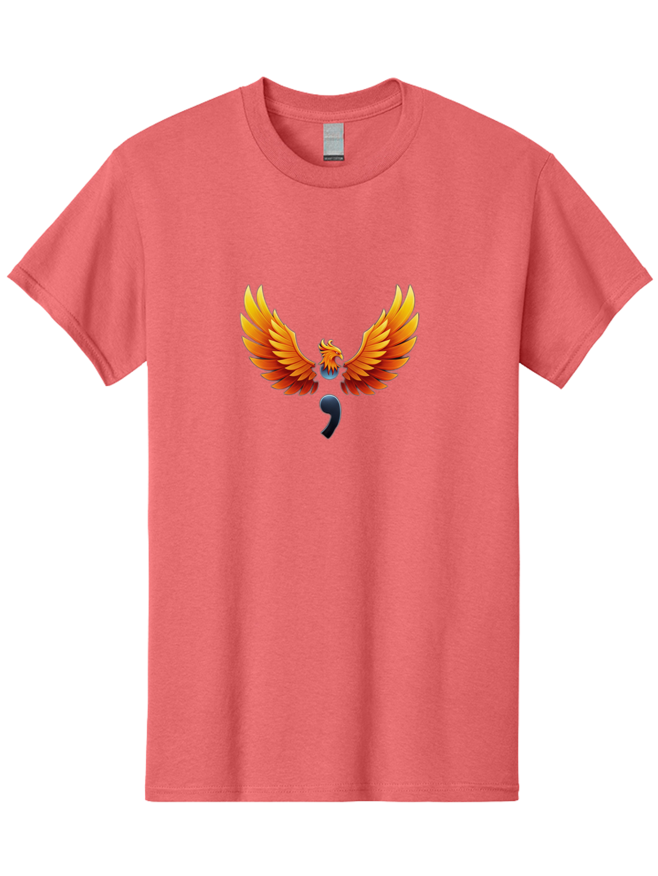 Comma-Semicolon-Phoenix Men'S Graphic Tee, 100% Cotton, Comfortable Casual Summer Wear, Machine Washable, Phoenix Rising, Fiery Bird, Orange Wings, Comma Symbol, Creative Artwork, Mythical Creature, Symbolic Representation, Vibrant Graphics, Bae012