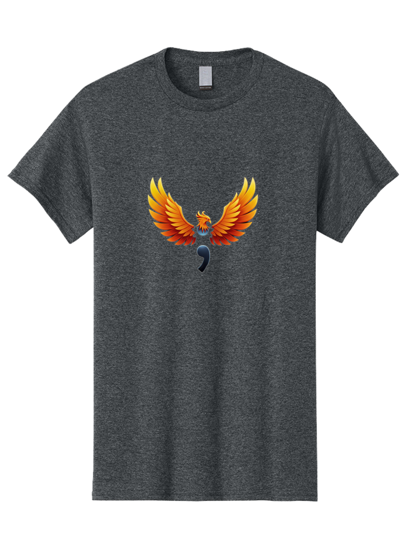 Comma-Semicolon-Phoenix Men'S Graphic Tee, 100% Cotton, Comfortable Casual Summer Wear, Machine Washable, Phoenix Rising, Fiery Bird, Orange Wings, Comma Symbol, Creative Artwork, Mythical Creature, Symbolic Representation, Vibrant Graphics, Bae012