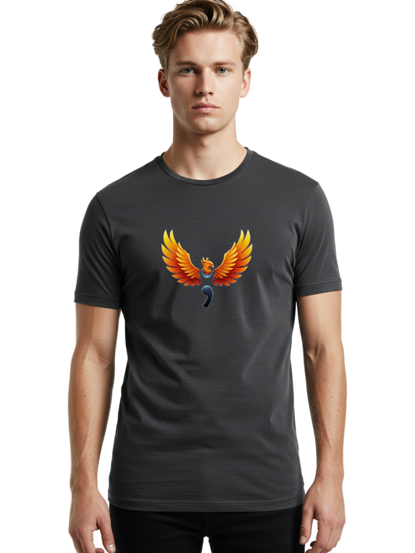Comma-Semicolon-Phoenix Men'S Graphic Tee, 100% Cotton, Comfortable Casual Summer Wear, Machine Washable, Phoenix Rising, Fiery Bird, Orange Wings, Comma Symbol, Creative Artwork, Mythical Creature, Symbolic Representation, Vibrant Graphics, Bae012