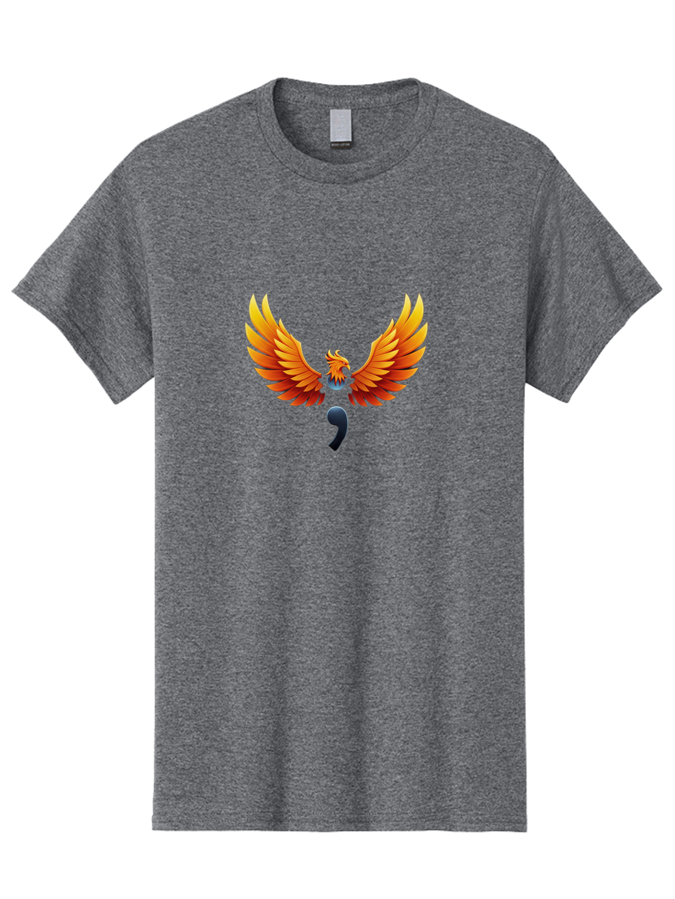 Comma-Semicolon-Phoenix Men'S Graphic Tee, 100% Cotton, Comfortable Casual Summer Wear, Machine Washable, Phoenix Rising, Fiery Bird, Orange Wings, Comma Symbol, Creative Artwork, Mythical Creature, Symbolic Representation, Vibrant Graphics, Bae012