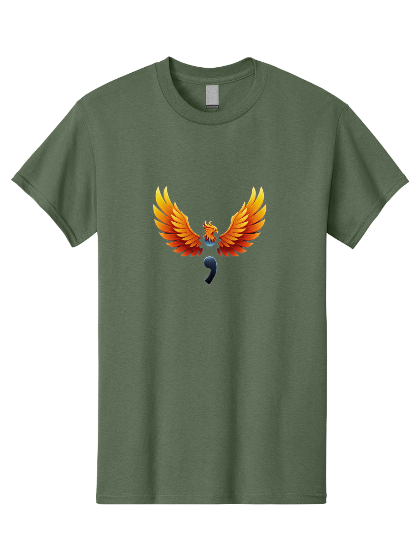 Comma-Semicolon-Phoenix Men'S Graphic Tee, 100% Cotton, Comfortable Casual Summer Wear, Machine Washable, Phoenix Rising, Fiery Bird, Orange Wings, Comma Symbol, Creative Artwork, Mythical Creature, Symbolic Representation, Vibrant Graphics, Bae012