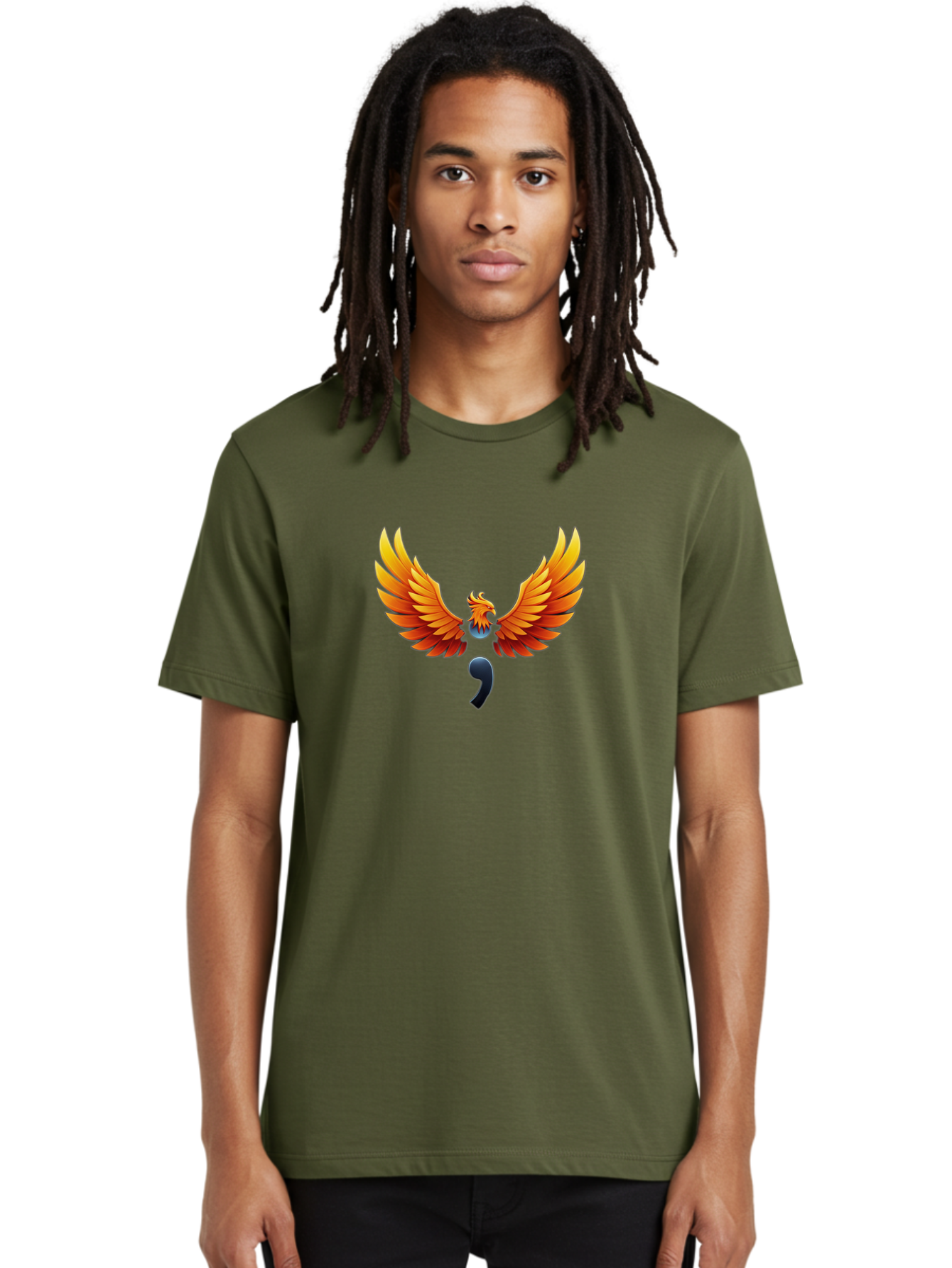 Comma-Semicolon-Phoenix Men'S Graphic Tee, 100% Cotton, Comfortable Casual Summer Wear, Machine Washable, Phoenix Rising, Fiery Bird, Orange Wings, Comma Symbol, Creative Artwork, Mythical Creature, Symbolic Representation, Vibrant Graphics, Bae012