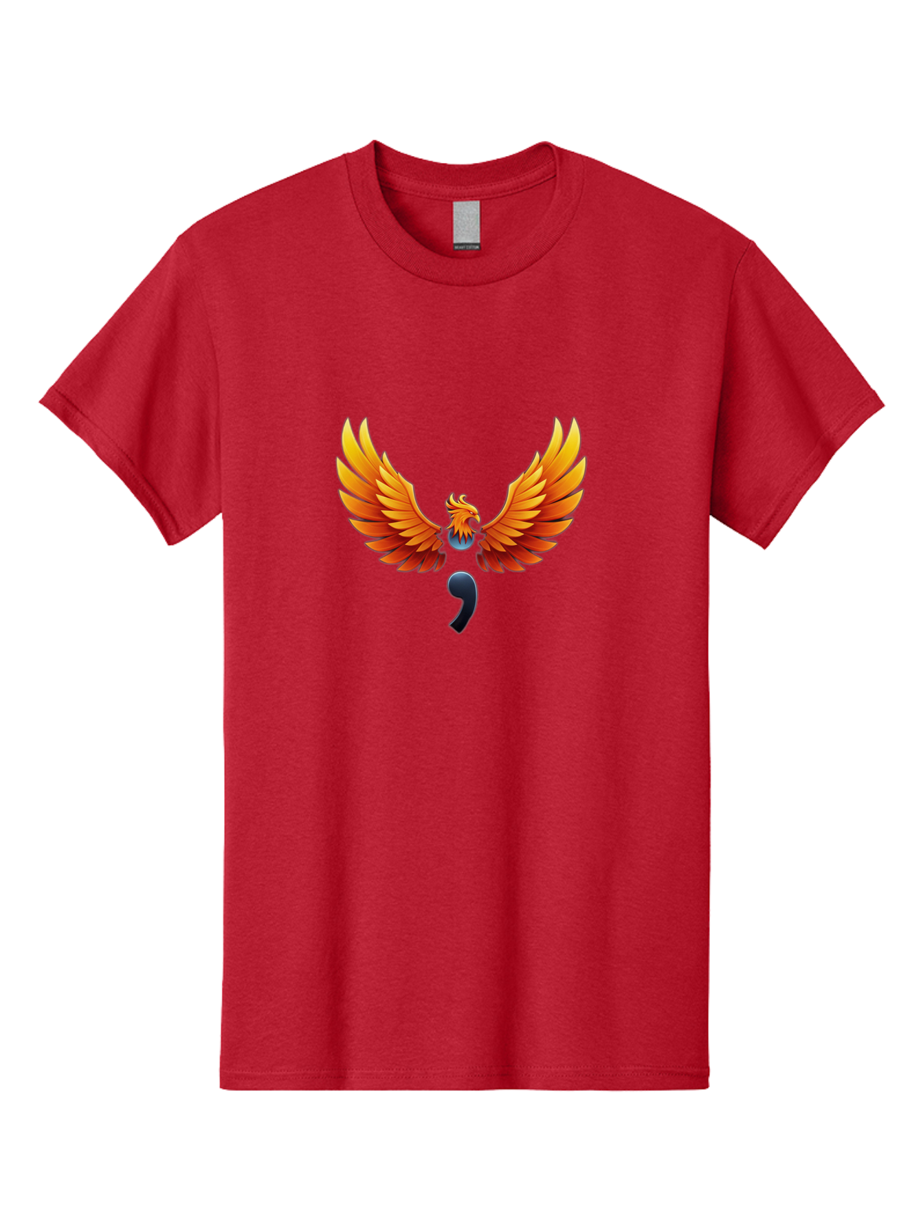 Comma-Semicolon-Phoenix Men'S Graphic Tee, 100% Cotton, Comfortable Casual Summer Wear, Machine Washable, Phoenix Rising, Fiery Bird, Orange Wings, Comma Symbol, Creative Artwork, Mythical Creature, Symbolic Representation, Vibrant Graphics, Bae012