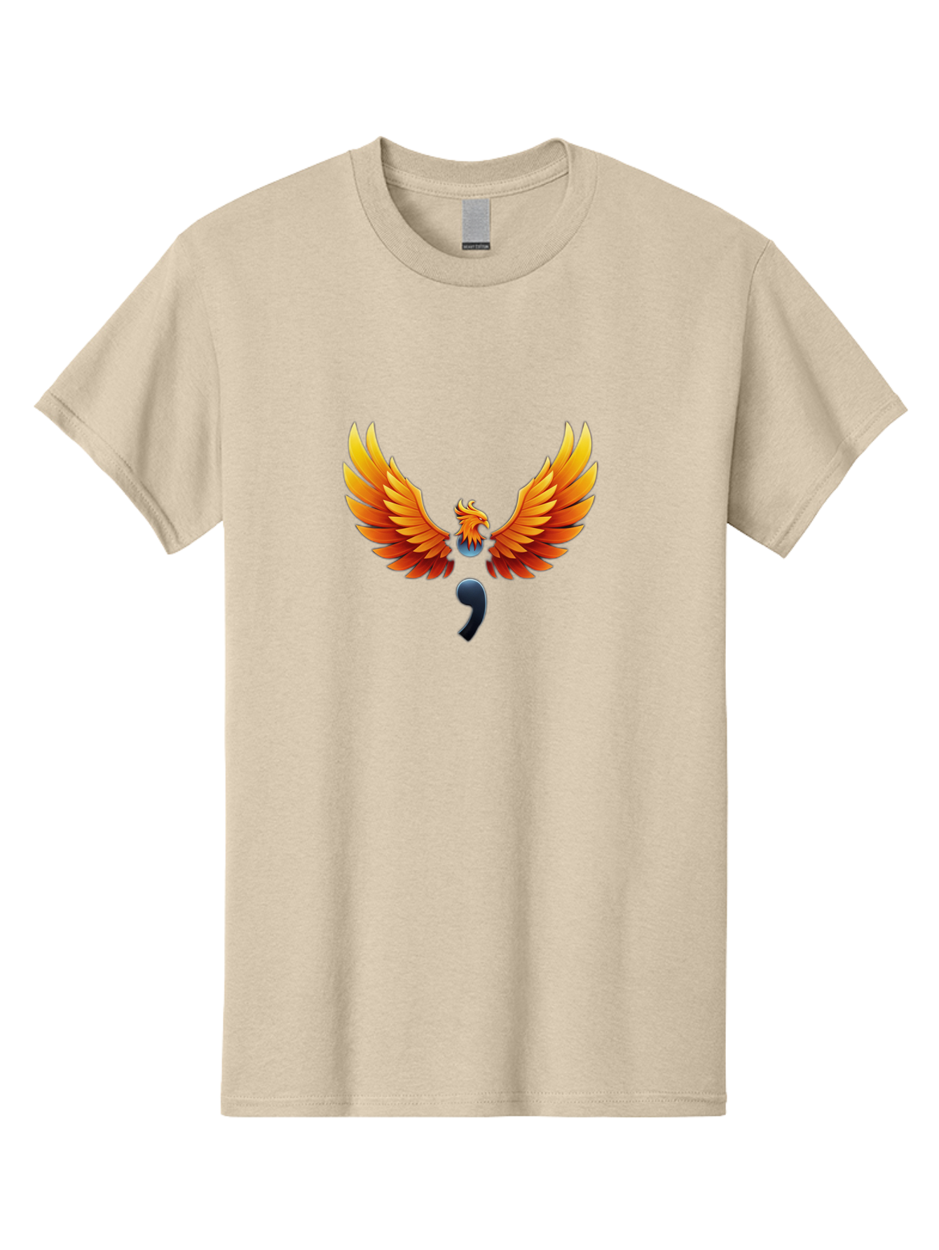 Comma-Semicolon-Phoenix Men'S Graphic Tee, 100% Cotton, Comfortable Casual Summer Wear, Machine Washable, Phoenix Rising, Fiery Bird, Orange Wings, Comma Symbol, Creative Artwork, Mythical Creature, Symbolic Representation, Vibrant Graphics, Bae012