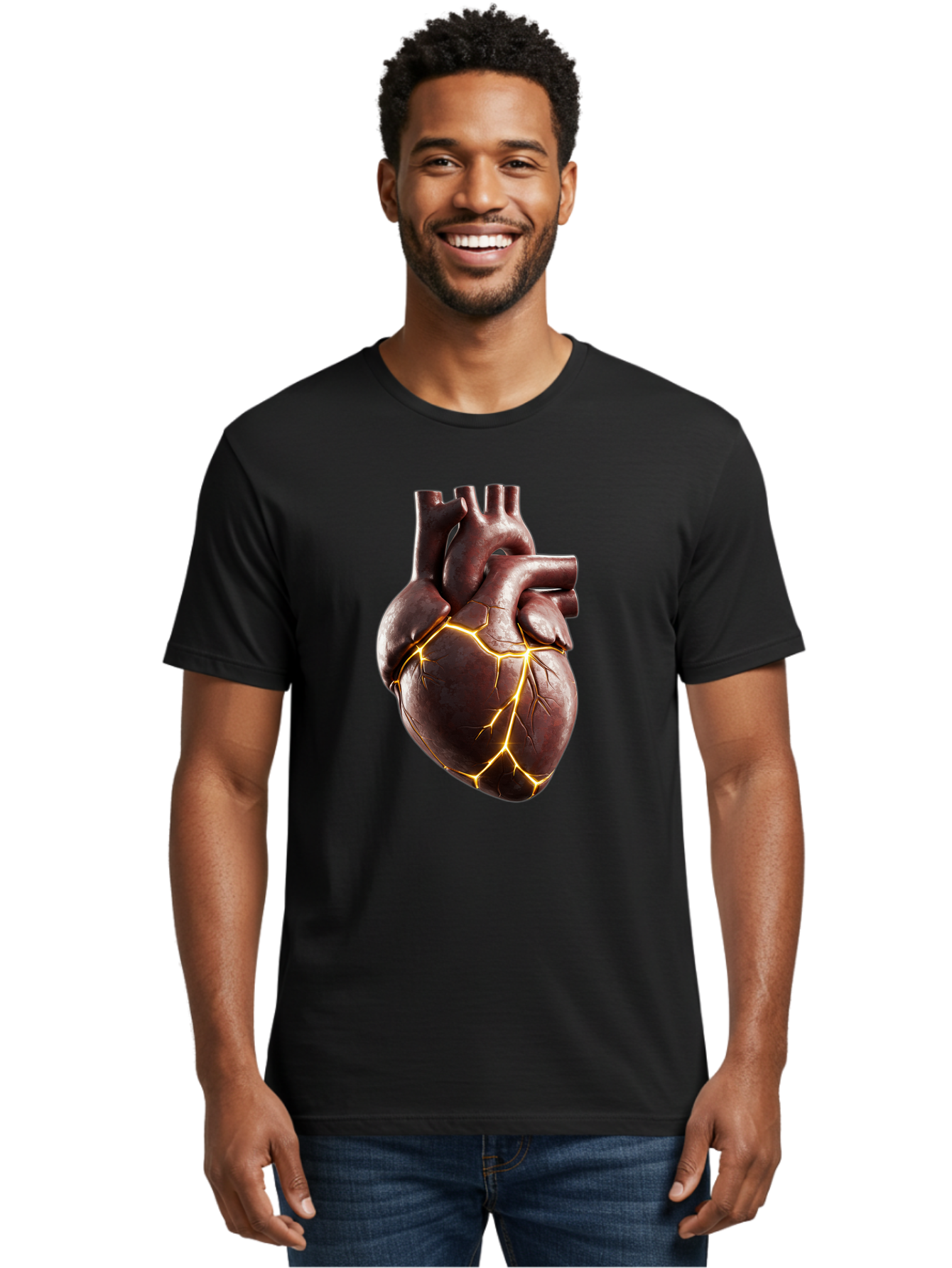 Cracked-Heart-1 Men'S Graphic Tee, 100% Cotton, Comfortable Casual Summer Wear, Machine Washable, Human Heart, Broken Heart, Cracked Heart, Emotional Pain, Heartbreak, Cracked Effect, Yellow Cracks, Heart Illustration, Cardiac Health Bae014