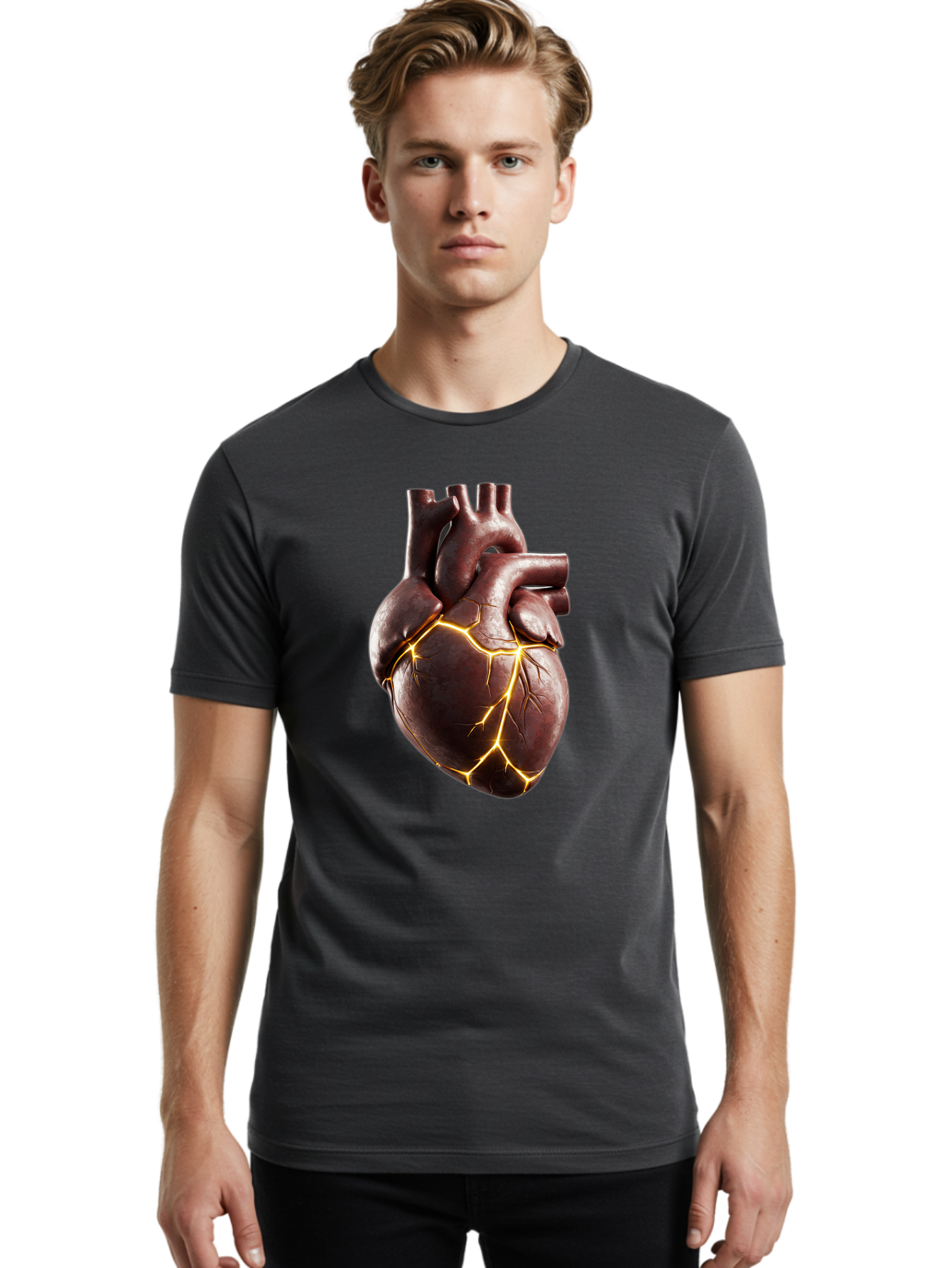 Cracked-Heart-1 Men'S Graphic Tee, 100% Cotton, Comfortable Casual Summer Wear, Machine Washable, Human Heart, Broken Heart, Cracked Heart, Emotional Pain, Heartbreak, Cracked Effect, Yellow Cracks, Heart Illustration, Cardiac Health Bae014