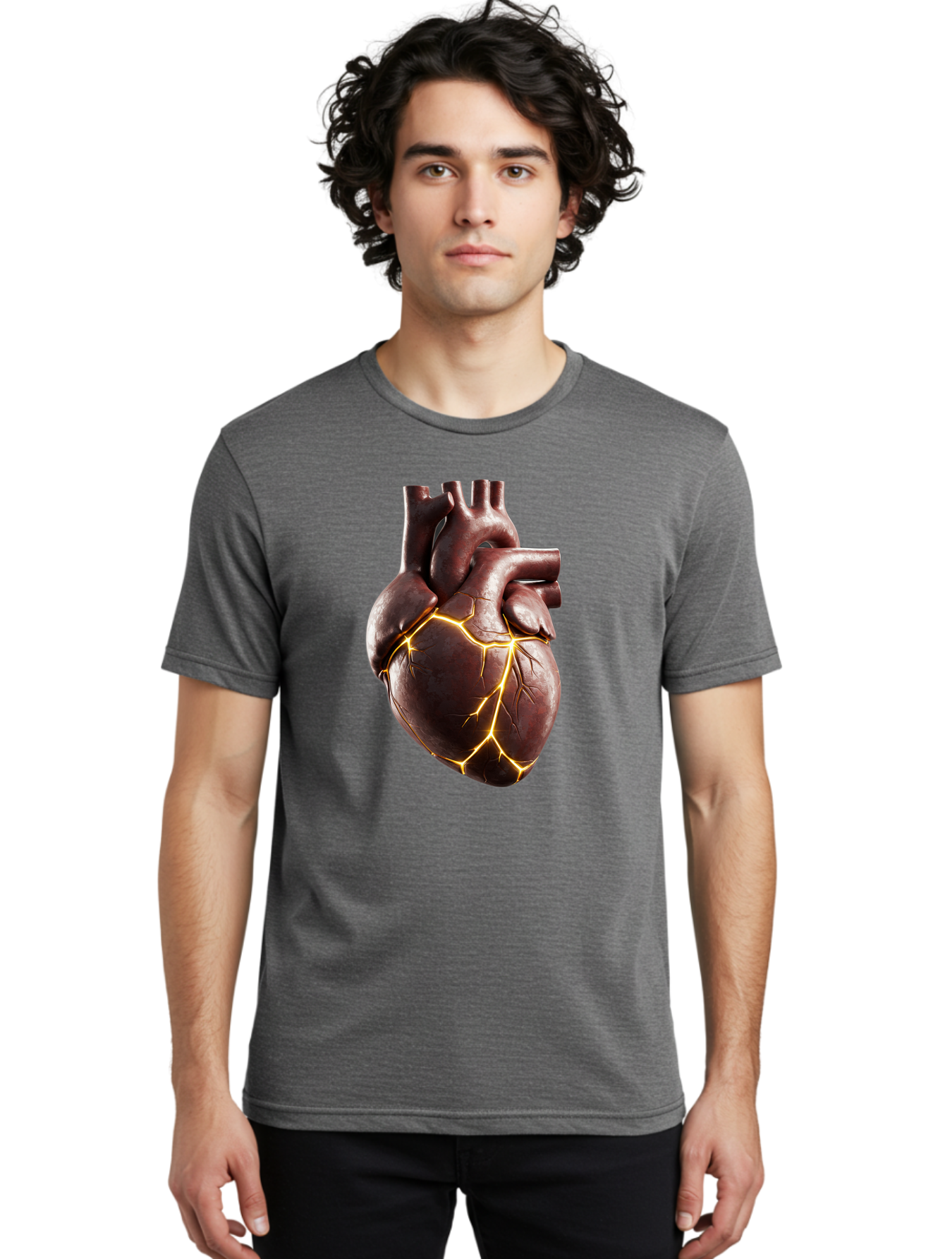 Cracked-Heart-1 Men'S Graphic Tee, 100% Cotton, Comfortable Casual Summer Wear, Machine Washable, Human Heart, Broken Heart, Cracked Heart, Emotional Pain, Heartbreak, Cracked Effect, Yellow Cracks, Heart Illustration, Cardiac Health Bae014