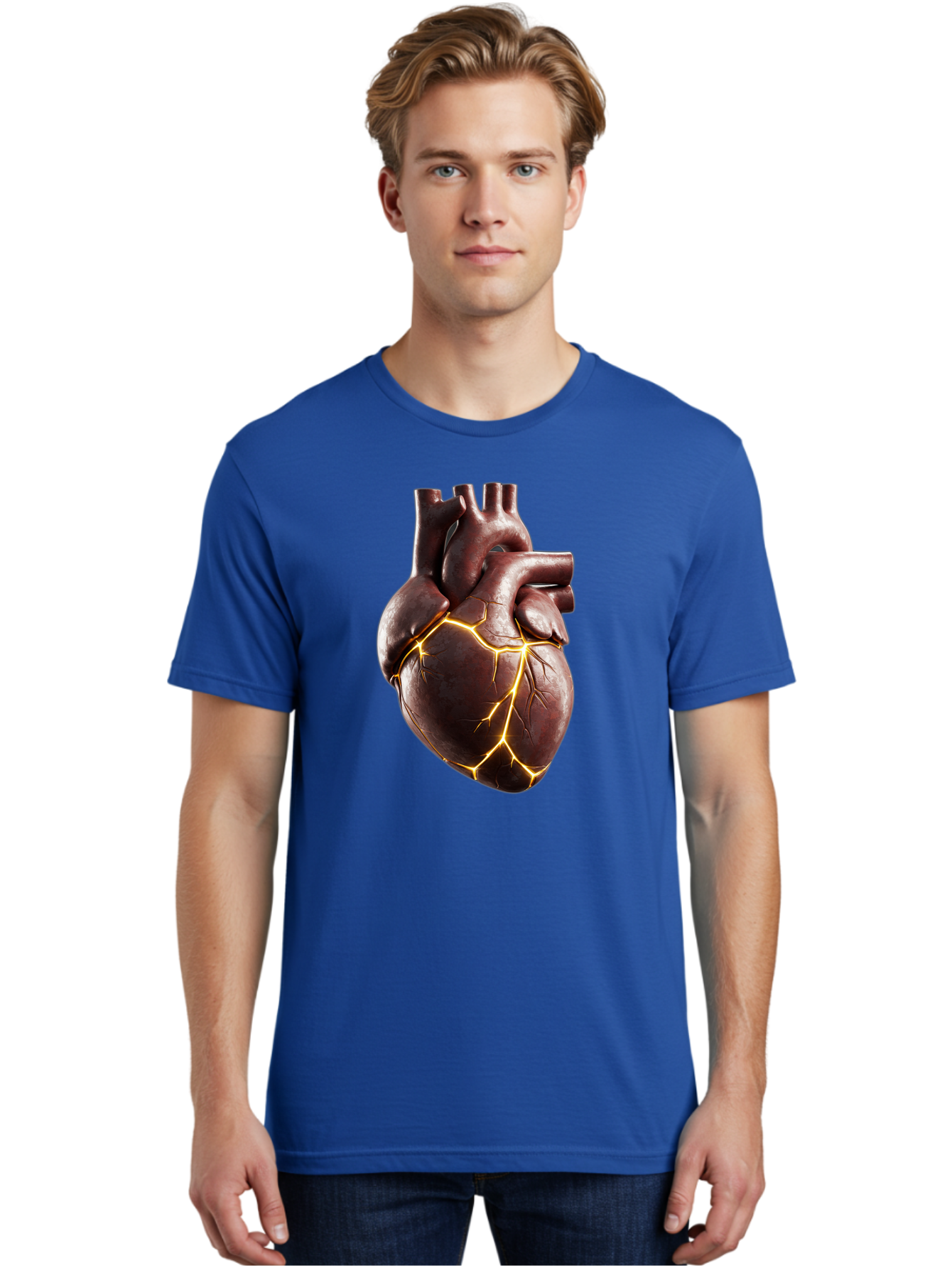 Cracked-Heart-1 Men'S Graphic Tee, 100% Cotton, Comfortable Casual Summer Wear, Machine Washable, Human Heart, Broken Heart, Cracked Heart, Emotional Pain, Heartbreak, Cracked Effect, Yellow Cracks, Heart Illustration, Cardiac Health Bae014