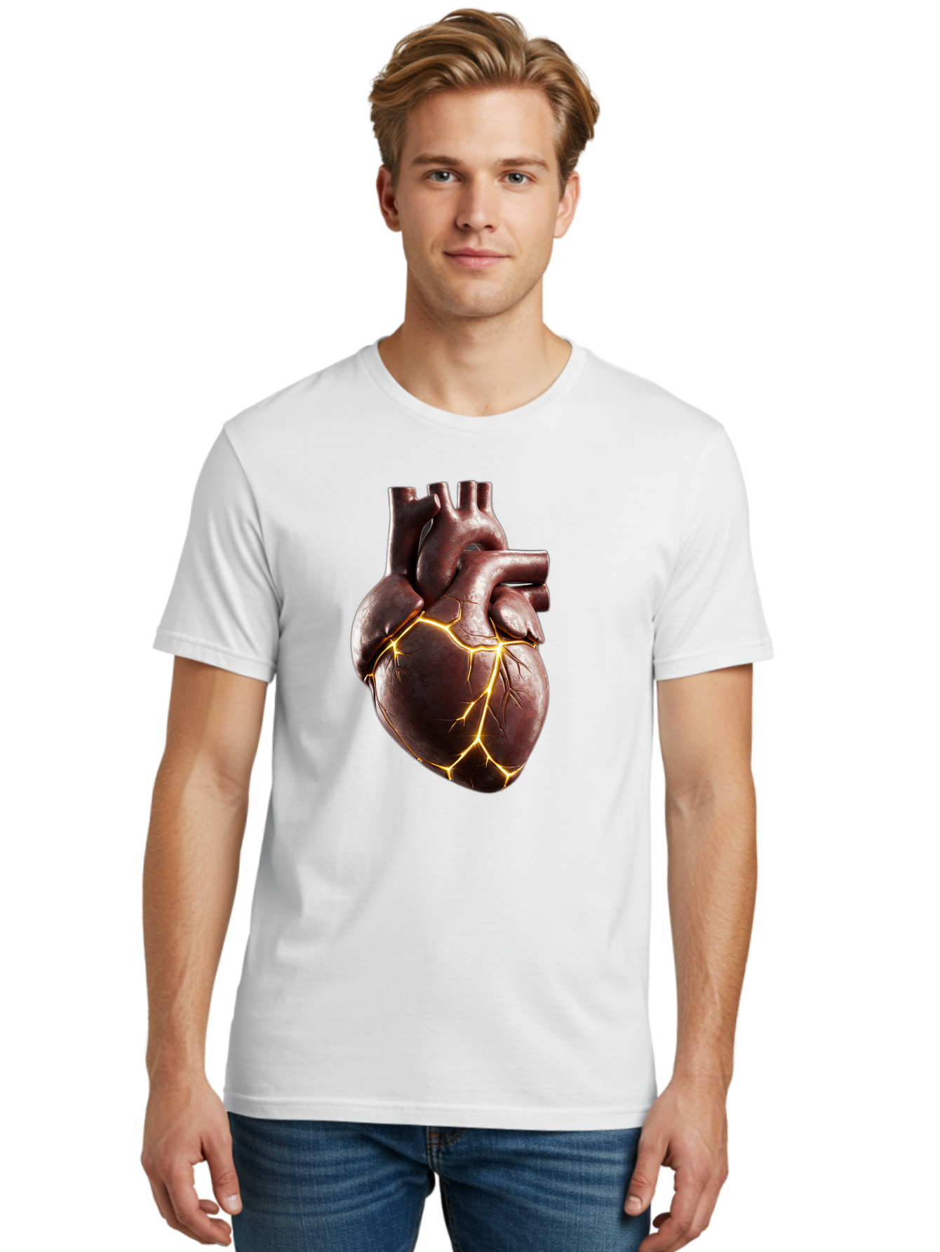 Cracked-Heart-1 Men'S Graphic Tee, 100% Cotton, Comfortable Casual Summer Wear, Machine Washable, Human Heart, Broken Heart, Cracked Heart, Emotional Pain, Heartbreak, Cracked Effect, Yellow Cracks, Heart Illustration, Cardiac Health Bae014