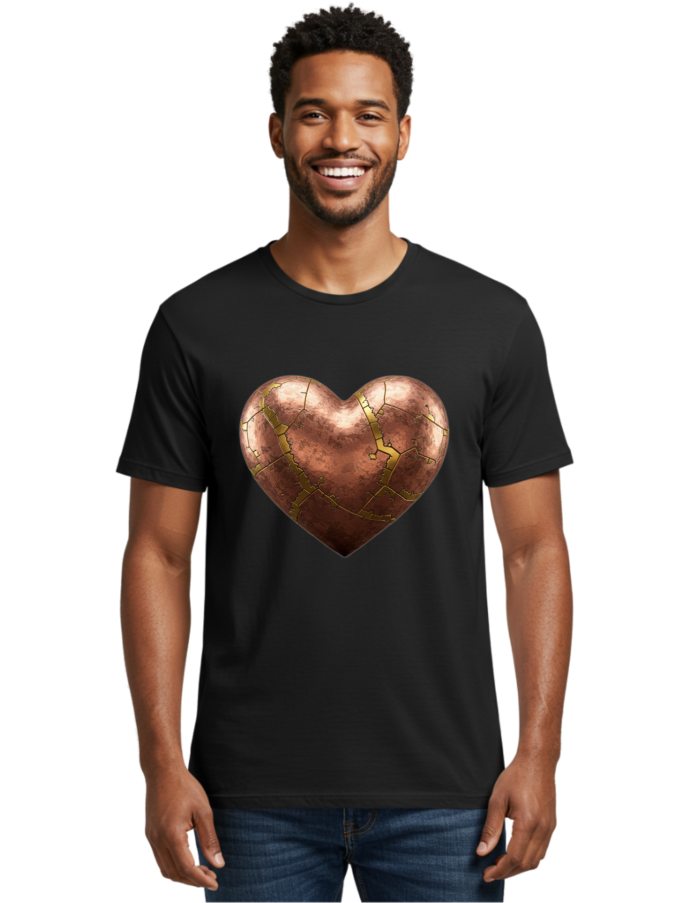 Cracked-Heart-2 Men'S Graphic Tee, 100% Cotton, Comfortable Casual Summer Wear, Machine Washable, Kintsugi Heart, Broken Heart, Cracked Heart, Heart Symbol, Repair, Restoration, Love, Heartbreak, Symbolism, Metaphor, Art, Gold, Broken Pieces Bae015