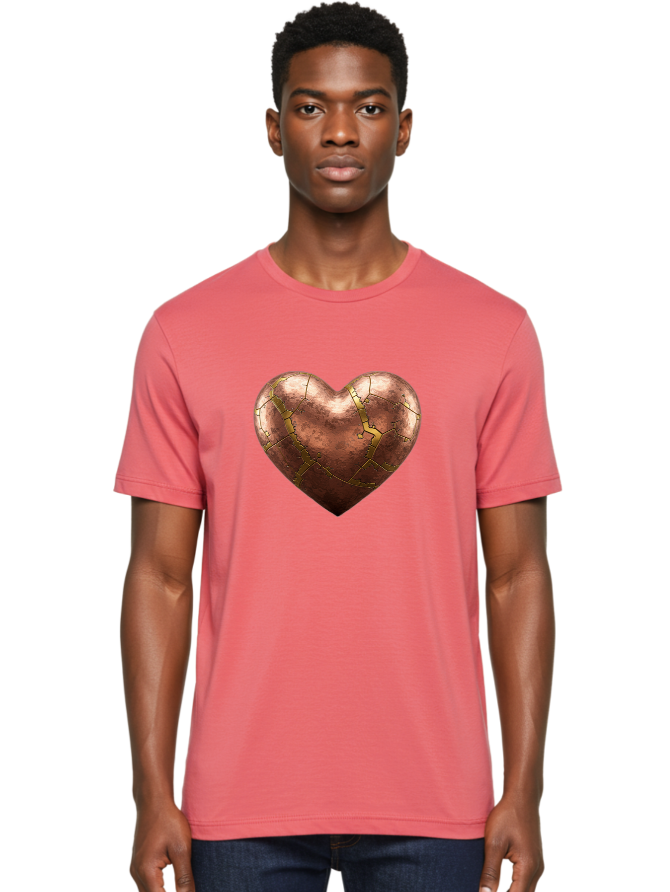 Cracked-Heart-2 Men'S Graphic Tee, 100% Cotton, Comfortable Casual Summer Wear, Machine Washable, Kintsugi Heart, Broken Heart, Cracked Heart, Heart Symbol, Repair, Restoration, Love, Heartbreak, Symbolism, Metaphor, Art, Gold, Broken Pieces Bae015