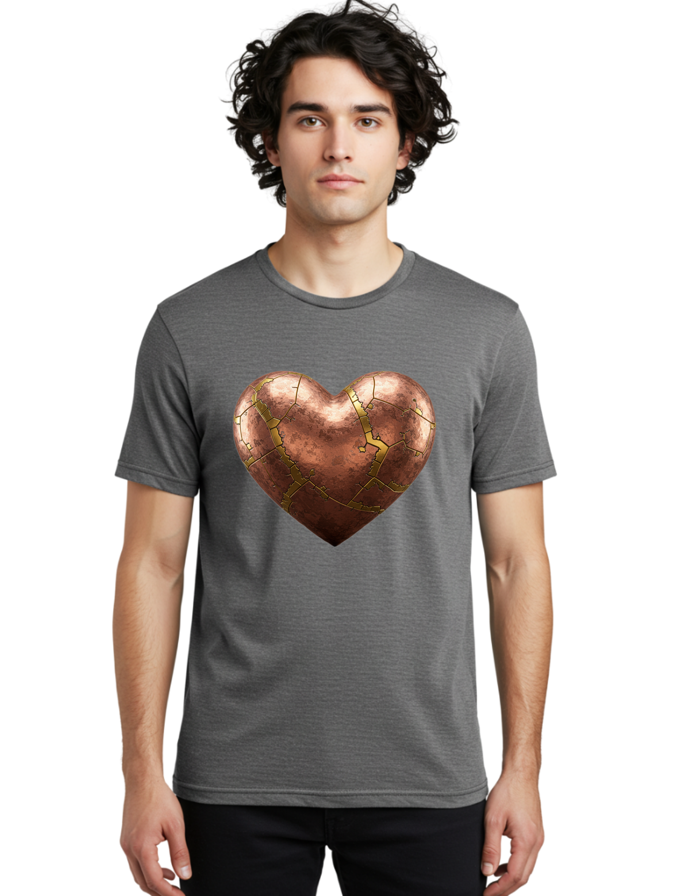 Cracked-Heart-2 Men'S Graphic Tee, 100% Cotton, Comfortable Casual Summer Wear, Machine Washable, Kintsugi Heart, Broken Heart, Cracked Heart, Heart Symbol, Repair, Restoration, Love, Heartbreak, Symbolism, Metaphor, Art, Gold, Broken Pieces Bae015
