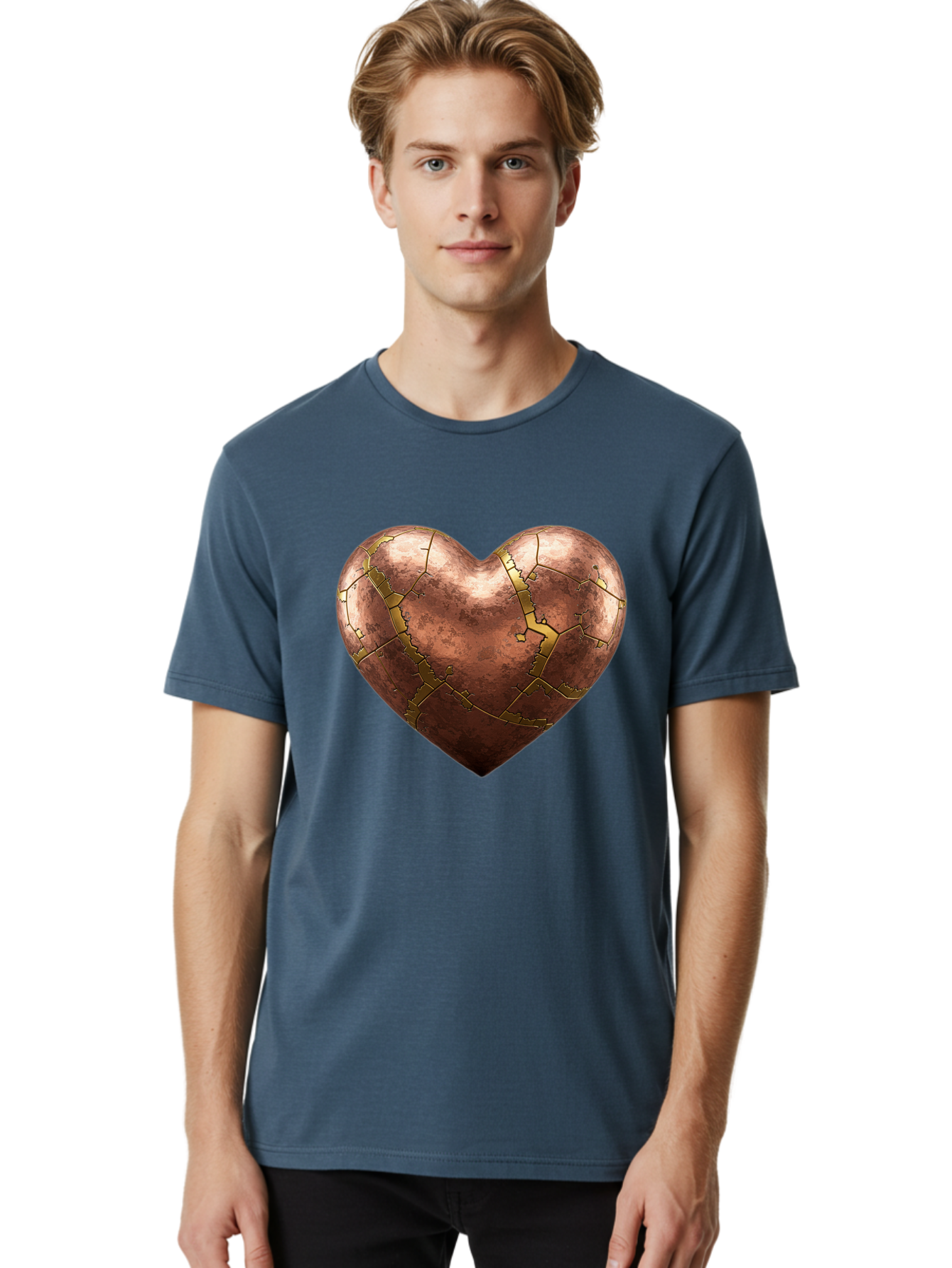 Cracked-Heart-2 Men'S Graphic Tee, 100% Cotton, Comfortable Casual Summer Wear, Machine Washable, Kintsugi Heart, Broken Heart, Cracked Heart, Heart Symbol, Repair, Restoration, Love, Heartbreak, Symbolism, Metaphor, Art, Gold, Broken Pieces Bae015