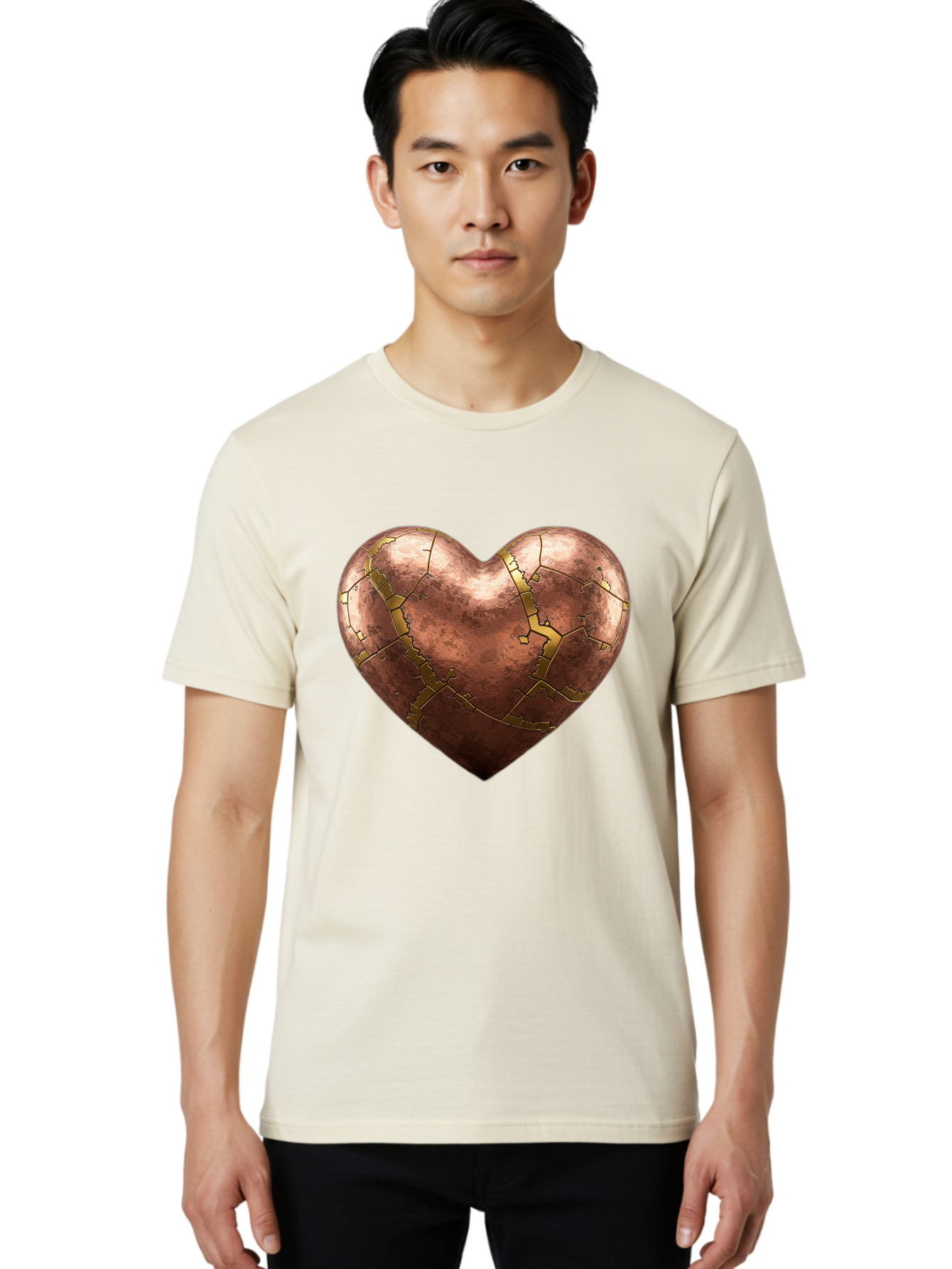 Cracked-Heart-2 Men'S Graphic Tee, 100% Cotton, Comfortable Casual Summer Wear, Machine Washable, Kintsugi Heart, Broken Heart, Cracked Heart, Heart Symbol, Repair, Restoration, Love, Heartbreak, Symbolism, Metaphor, Art, Gold, Broken Pieces Bae015