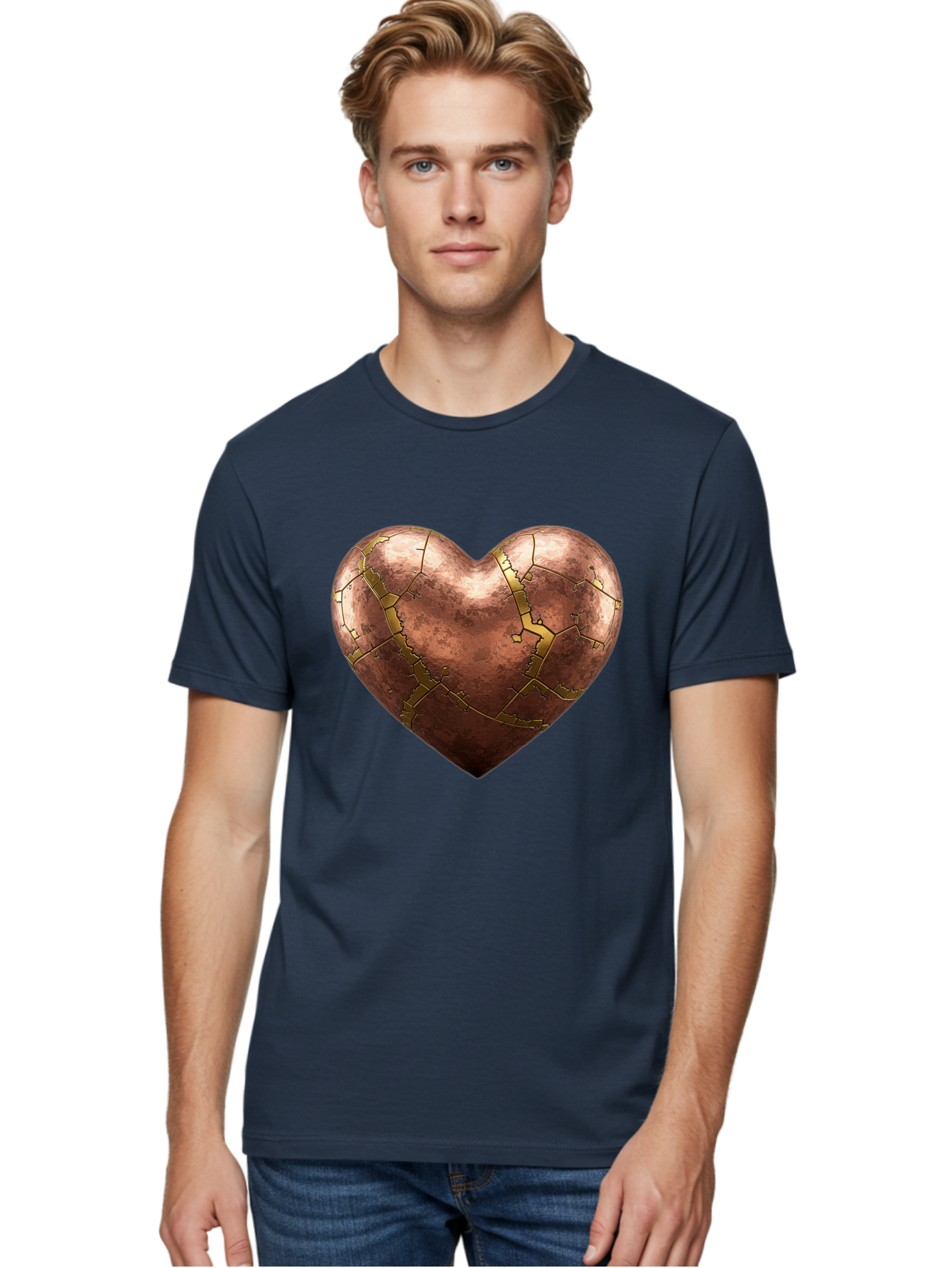 Cracked-Heart-2 Men'S Graphic Tee, 100% Cotton, Comfortable Casual Summer Wear, Machine Washable, Kintsugi Heart, Broken Heart, Cracked Heart, Heart Symbol, Repair, Restoration, Love, Heartbreak, Symbolism, Metaphor, Art, Gold, Broken Pieces Bae015