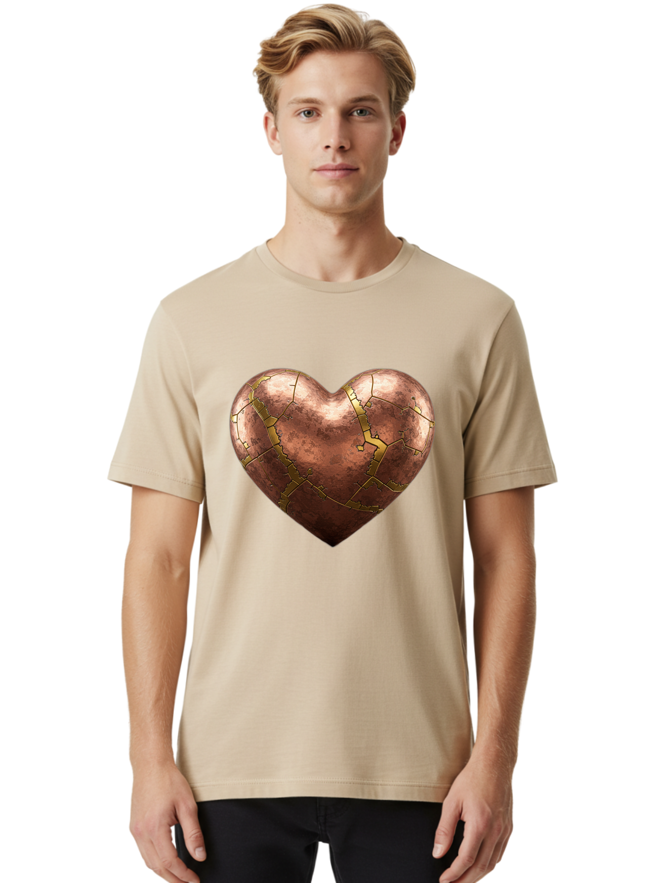 Cracked-Heart-2 Men'S Graphic Tee, 100% Cotton, Comfortable Casual Summer Wear, Machine Washable, Kintsugi Heart, Broken Heart, Cracked Heart, Heart Symbol, Repair, Restoration, Love, Heartbreak, Symbolism, Metaphor, Art, Gold, Broken Pieces Bae015