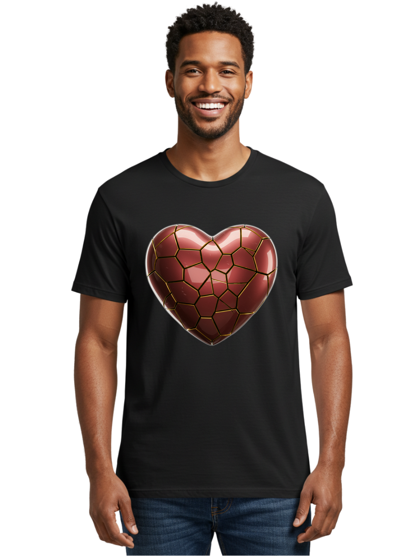Cracked-Heart Men'S Graphic Tee, 100% Cotton, Comfortable Casual Summer Wear, Machine Washable, Mosaic Heart, Red Heart, Geometric Pattern, Cracked Heart, Love Symbol, Broken Heart, Heart Art, Valentines Day, Mosaic Art, Red Mosaic, Bae016
