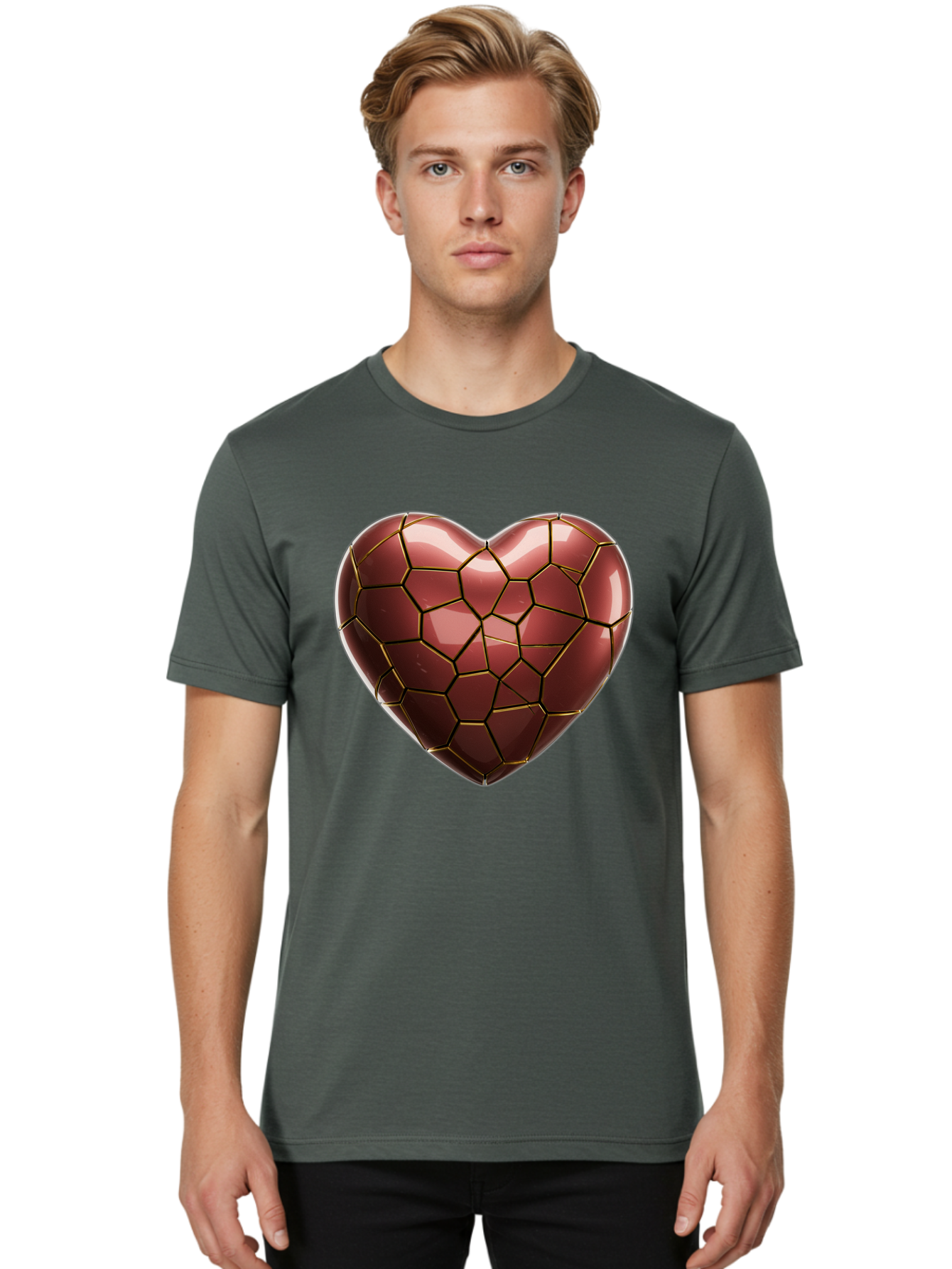 Cracked-Heart Men'S Graphic Tee, 100% Cotton, Comfortable Casual Summer Wear, Machine Washable, Mosaic Heart, Red Heart, Geometric Pattern, Cracked Heart, Love Symbol, Broken Heart, Heart Art, Valentines Day, Mosaic Art, Red Mosaic, Bae016