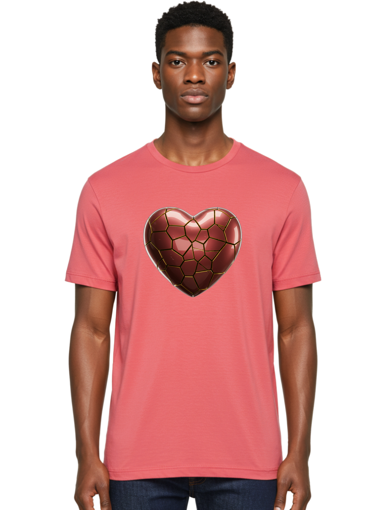 Cracked-Heart Men'S Graphic Tee, 100% Cotton, Comfortable Casual Summer Wear, Machine Washable, Mosaic Heart, Red Heart, Geometric Pattern, Cracked Heart, Love Symbol, Broken Heart, Heart Art, Valentines Day, Mosaic Art, Red Mosaic, Bae016