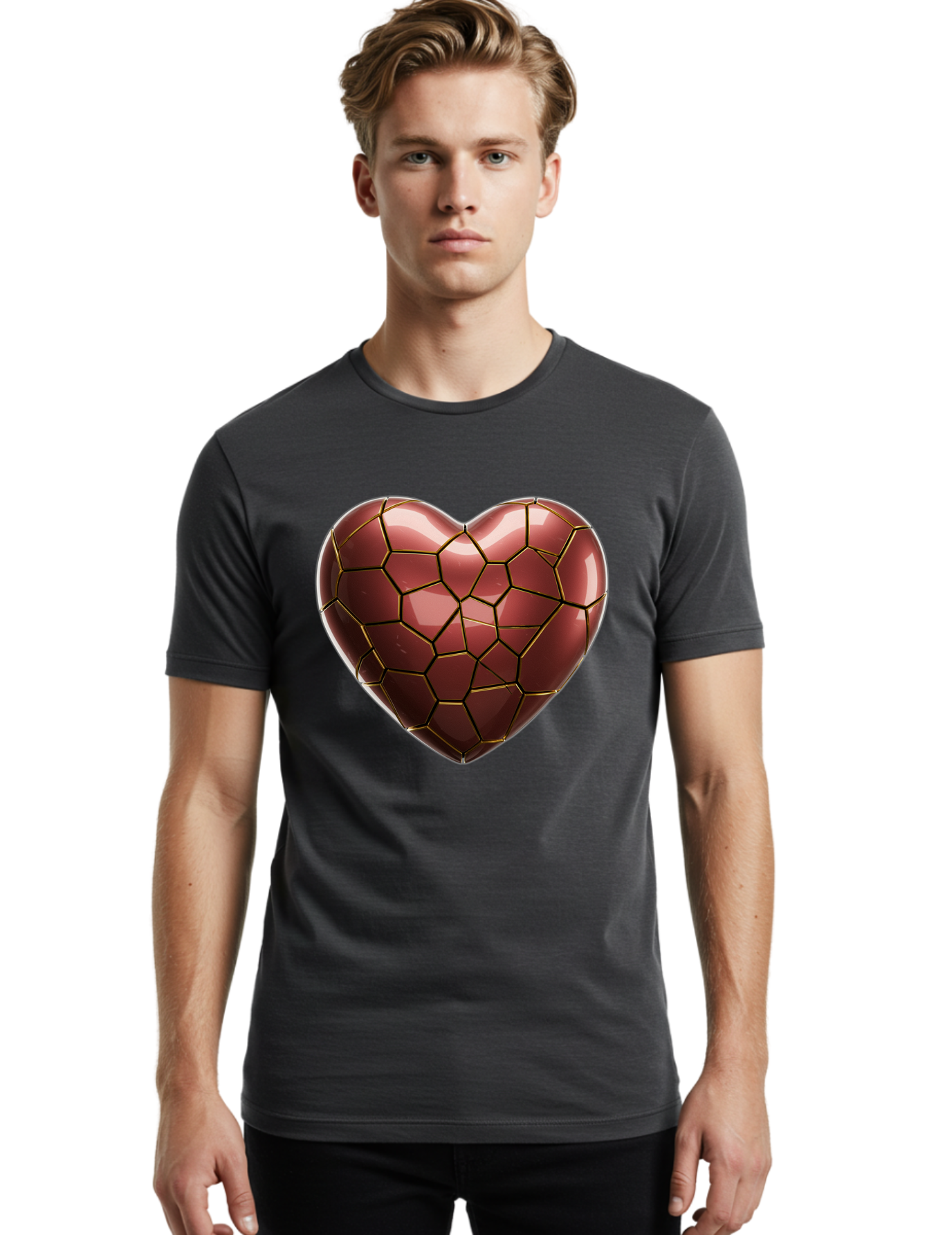 Cracked-Heart Men'S Graphic Tee, 100% Cotton, Comfortable Casual Summer Wear, Machine Washable, Mosaic Heart, Red Heart, Geometric Pattern, Cracked Heart, Love Symbol, Broken Heart, Heart Art, Valentines Day, Mosaic Art, Red Mosaic, Bae016