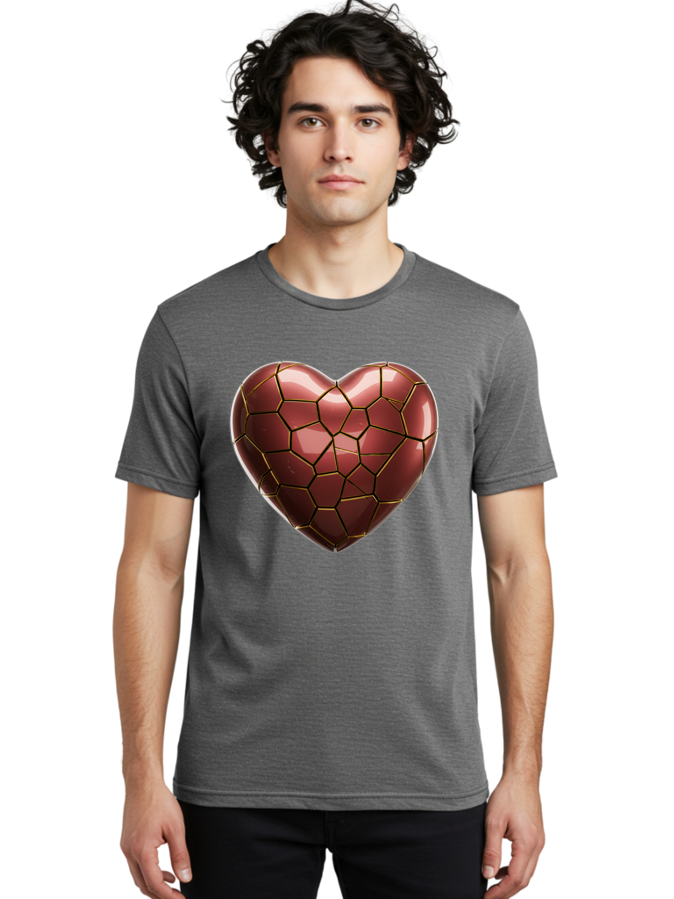 Cracked-Heart Men'S Graphic Tee, 100% Cotton, Comfortable Casual Summer Wear, Machine Washable, Mosaic Heart, Red Heart, Geometric Pattern, Cracked Heart, Love Symbol, Broken Heart, Heart Art, Valentines Day, Mosaic Art, Red Mosaic, Bae016